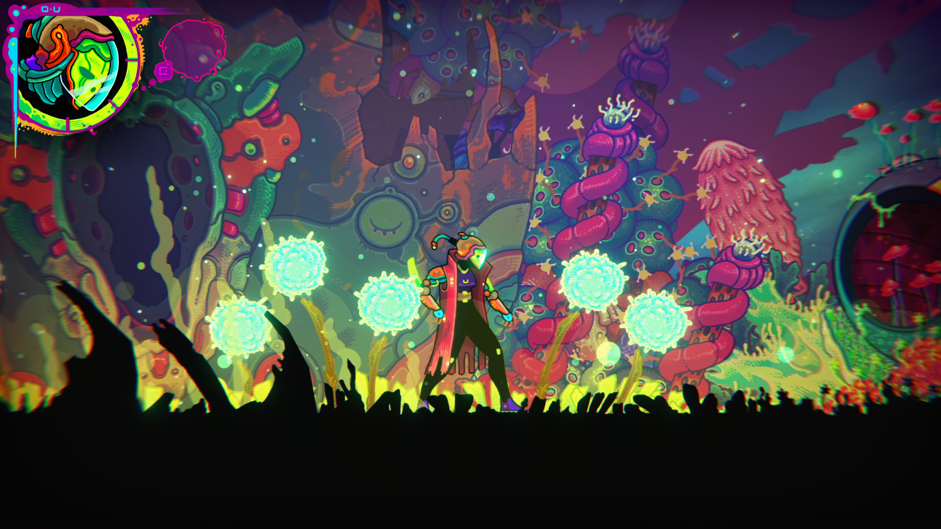 Ouji stands among glowing plants in Ultros, with a full green health gauge in the upper-left corner.