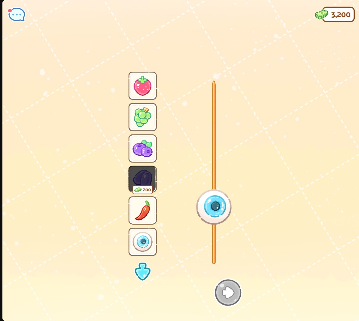 A purchased Eyeball Jelly sits on the Tanghulu Master skewer beside its unlocked ingredient icon, with 3,200 cash remaining.