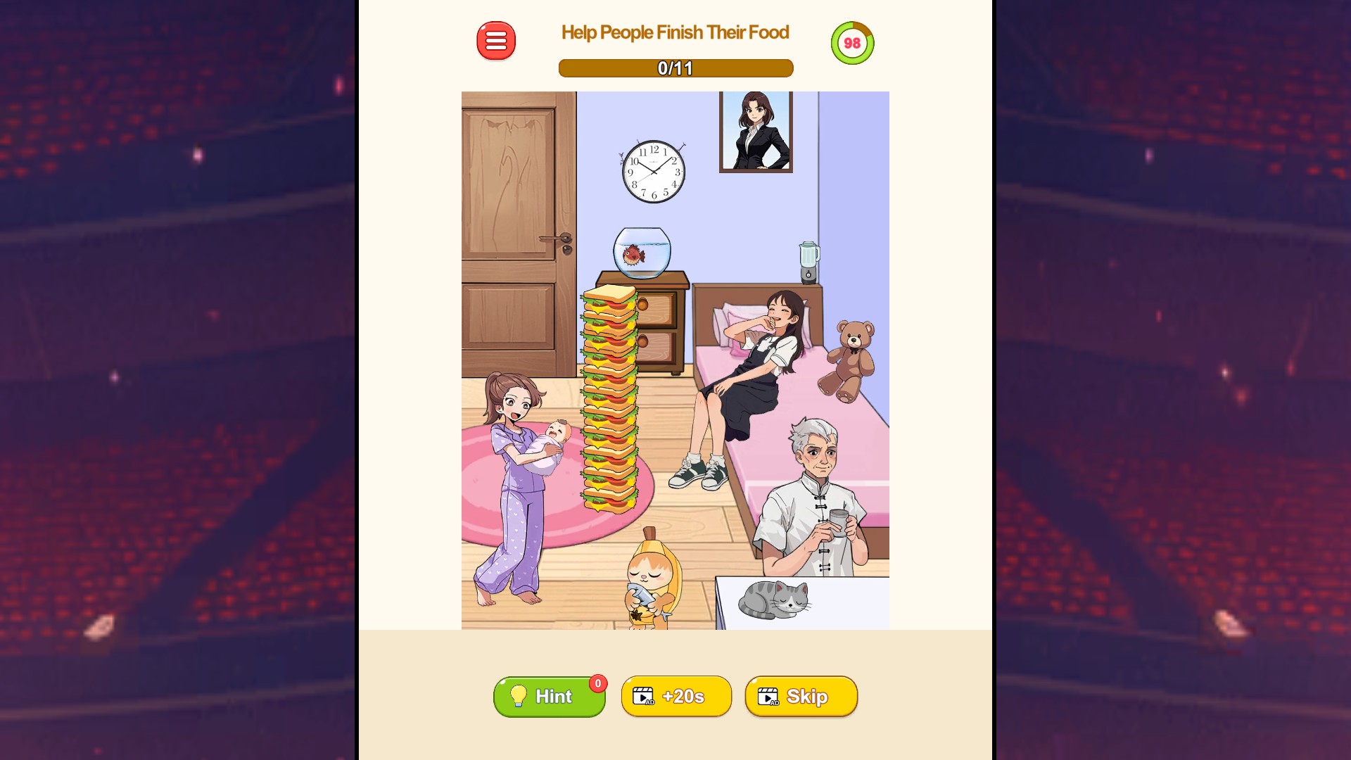 The restarted food puzzle shows zero of eleven tasks completed and a running timer.