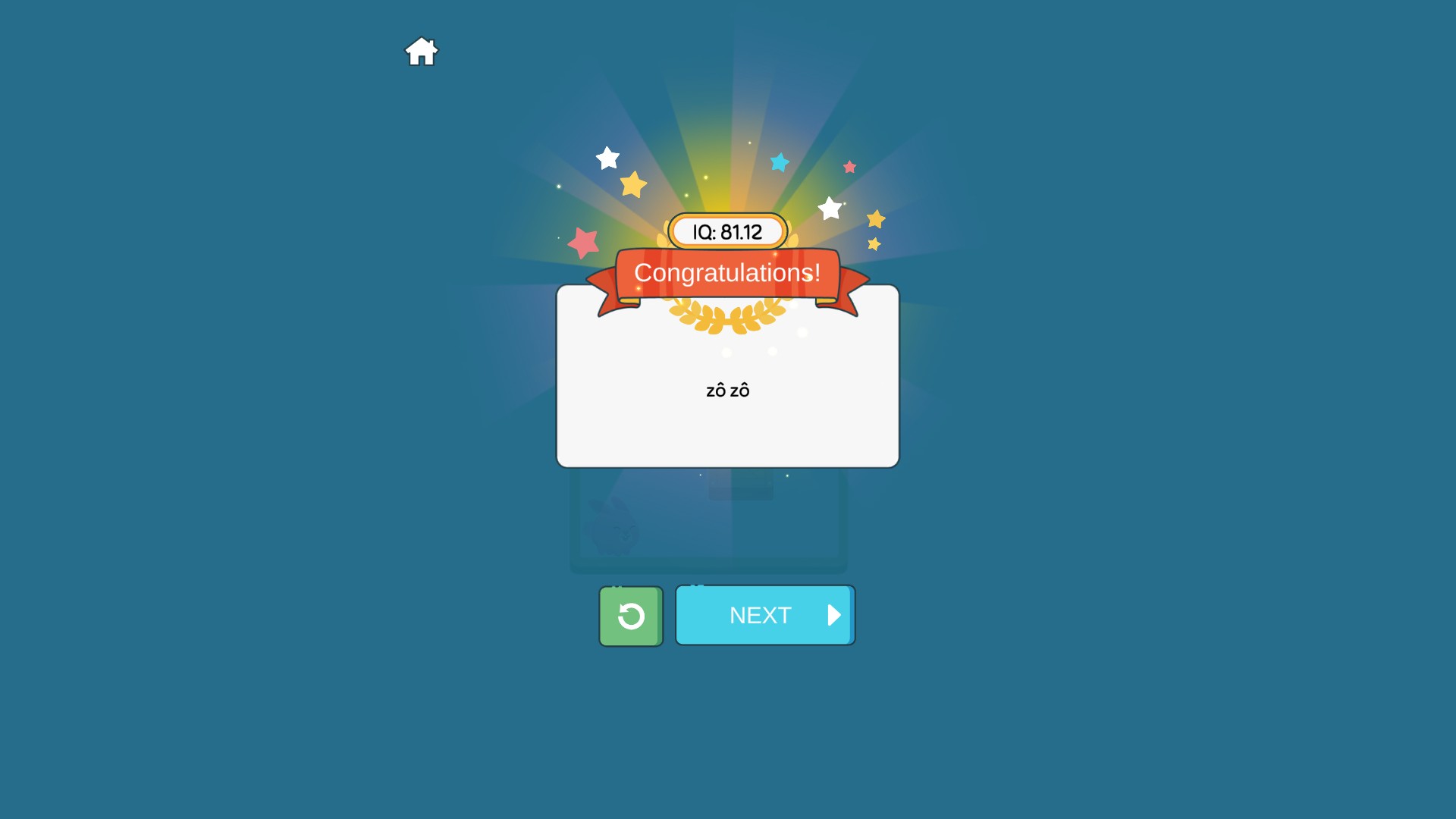 Brain Up Quiz 2 result showing Congratulations, IQ 81.12 and the Next button.