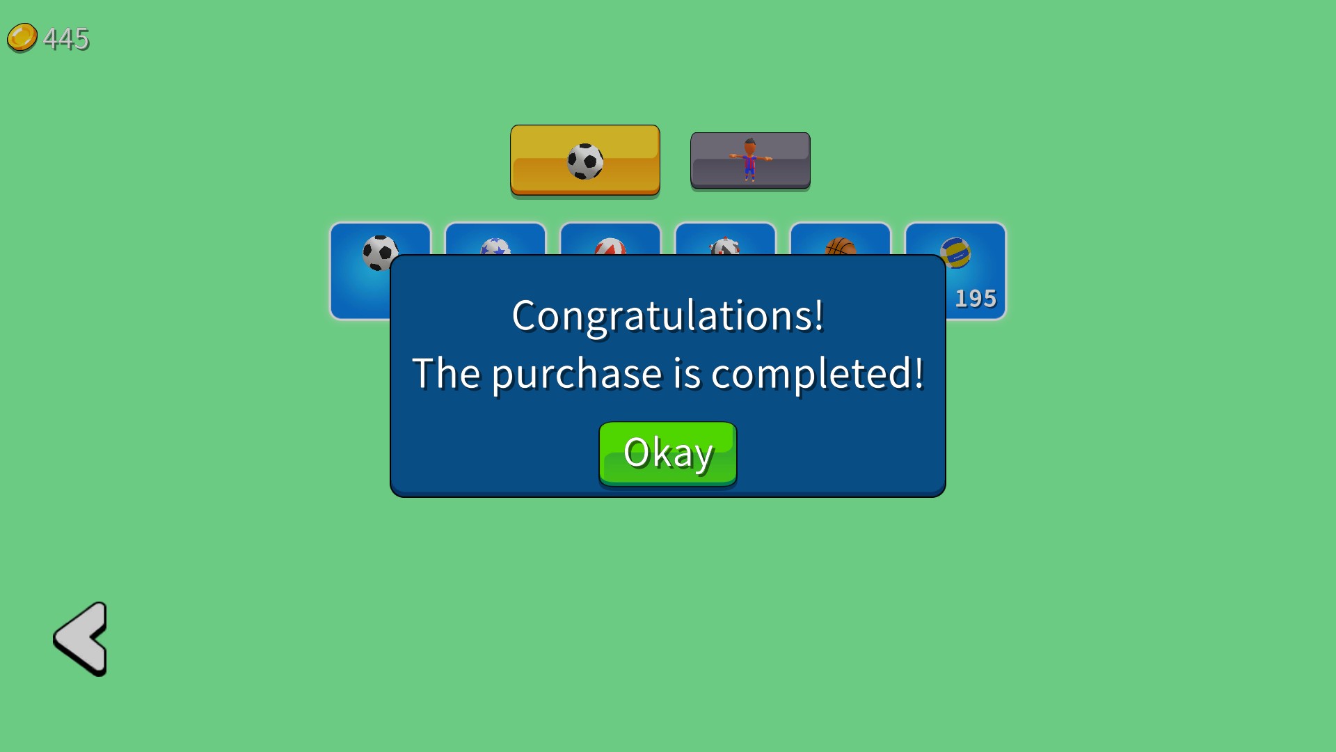 Soccer Dash confirms a ball purchase with445coins remaining in the shop.