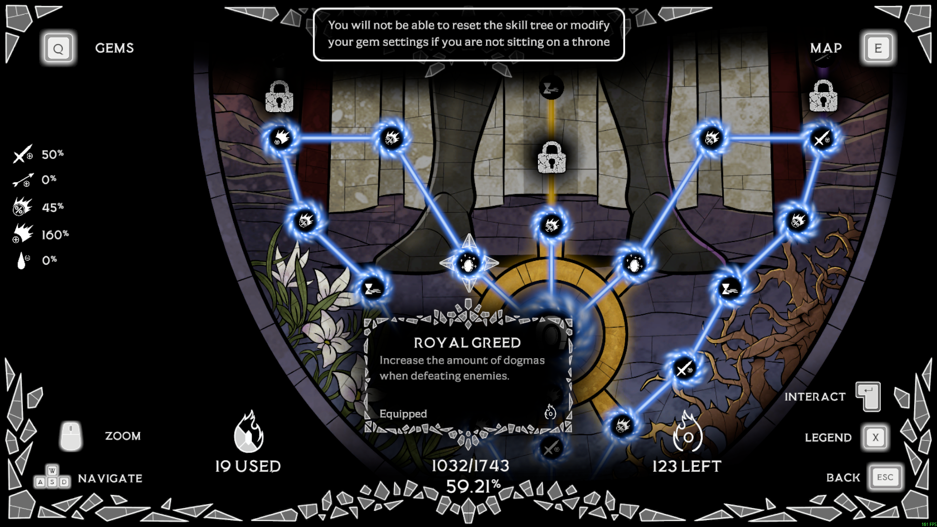 Aeterna Noctis perk tree with 123 points left displayed at the bottom-right.