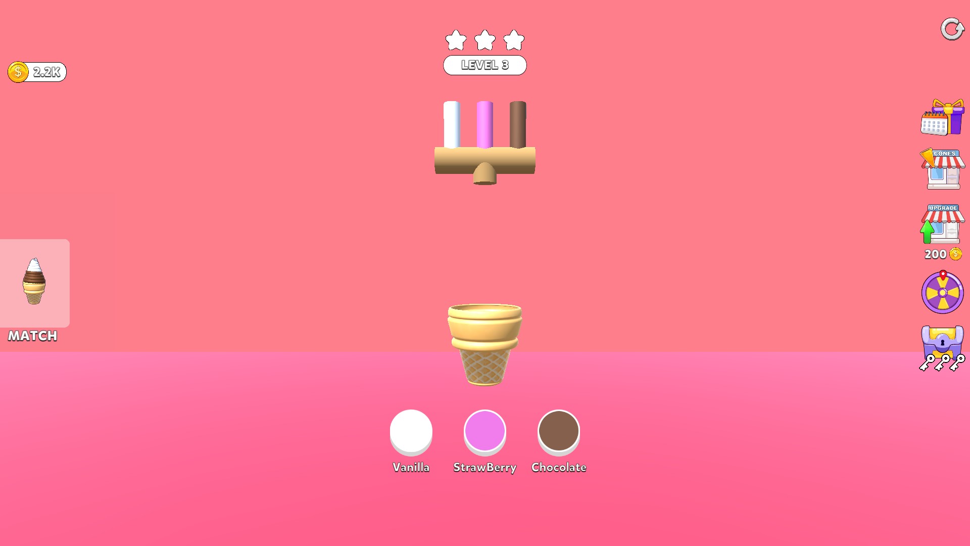 Ice Cream Inc at Level 3 with an empty cone and flavour controls.