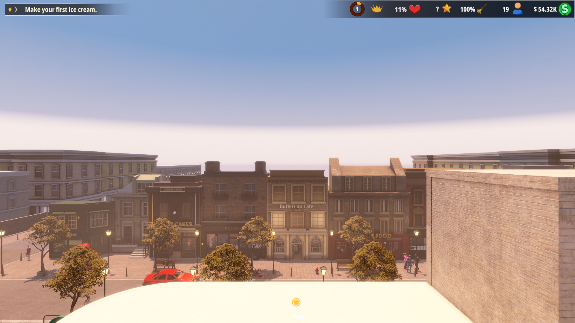 Ice Cream Simulator Demo rooftop view overlooking Buttercup Cafe, trees and the street while flying.