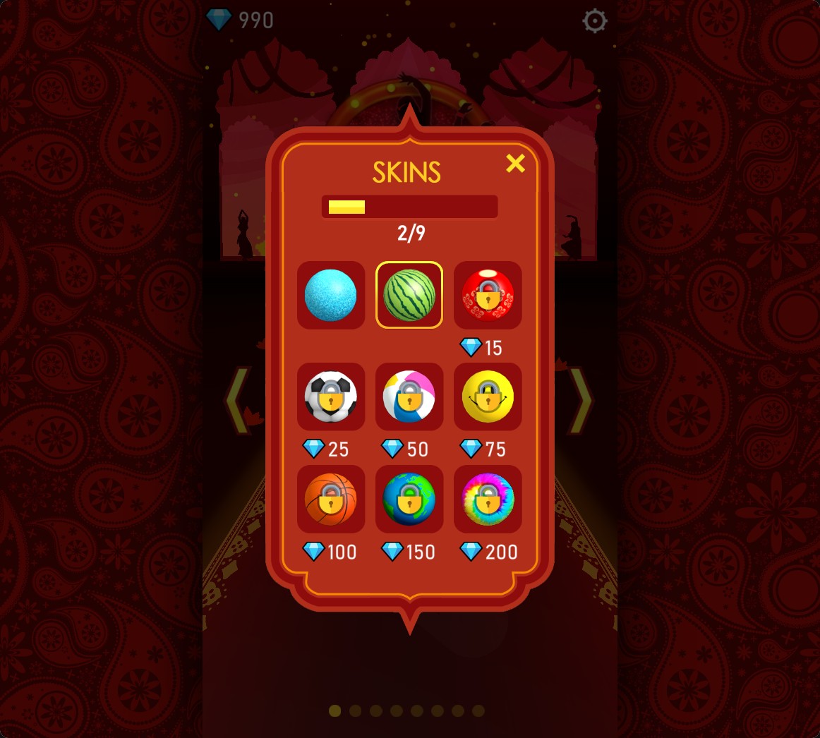 Bolly Beat Skins menu showing the unlocked watermelon ball, two skins owned and 990 gems.