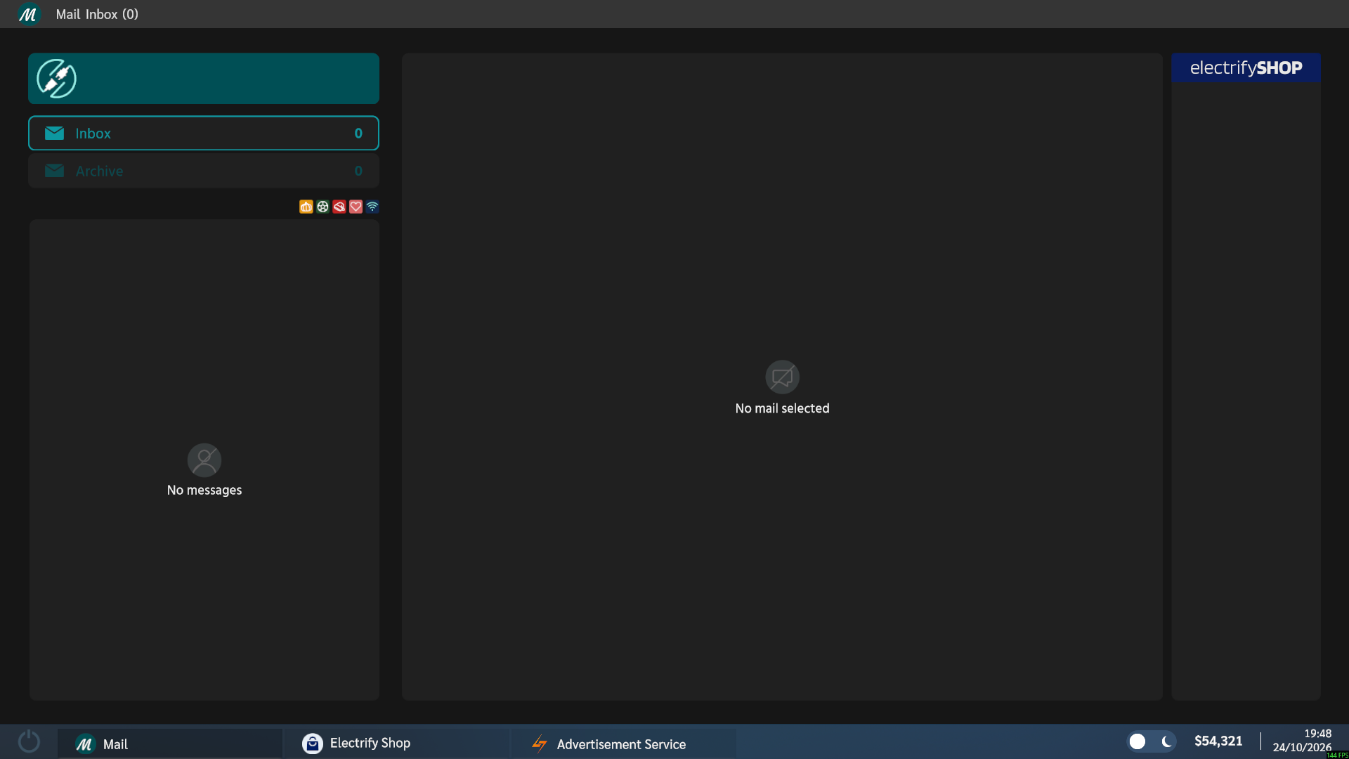 Electrician Simulator laptop mail inbox with $54,321 displayed in the bottom bar.