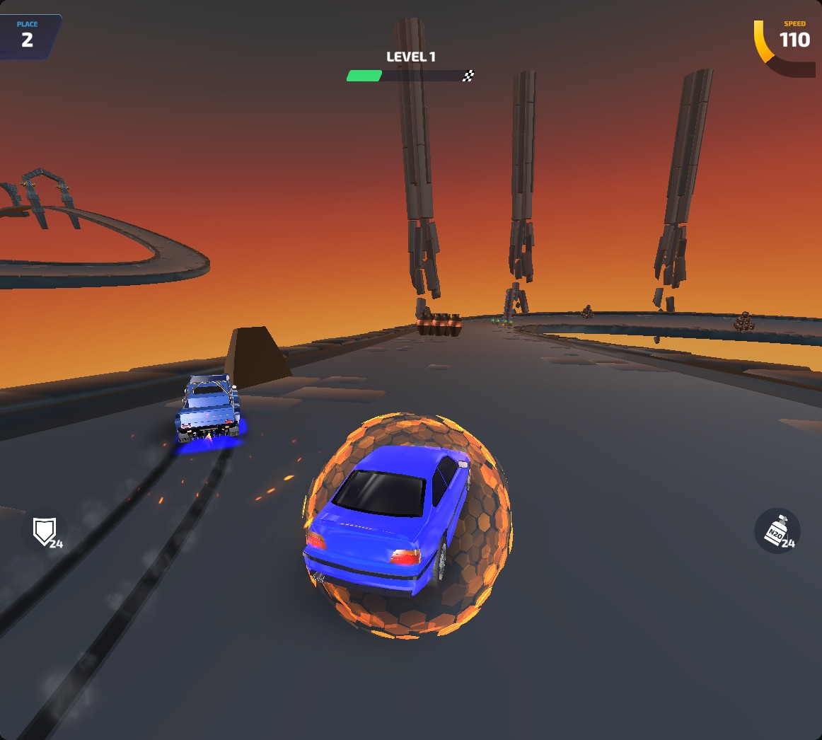 Race Rush 3D's blue car surrounded by an orange shield during a race, with 24 shields remaining.