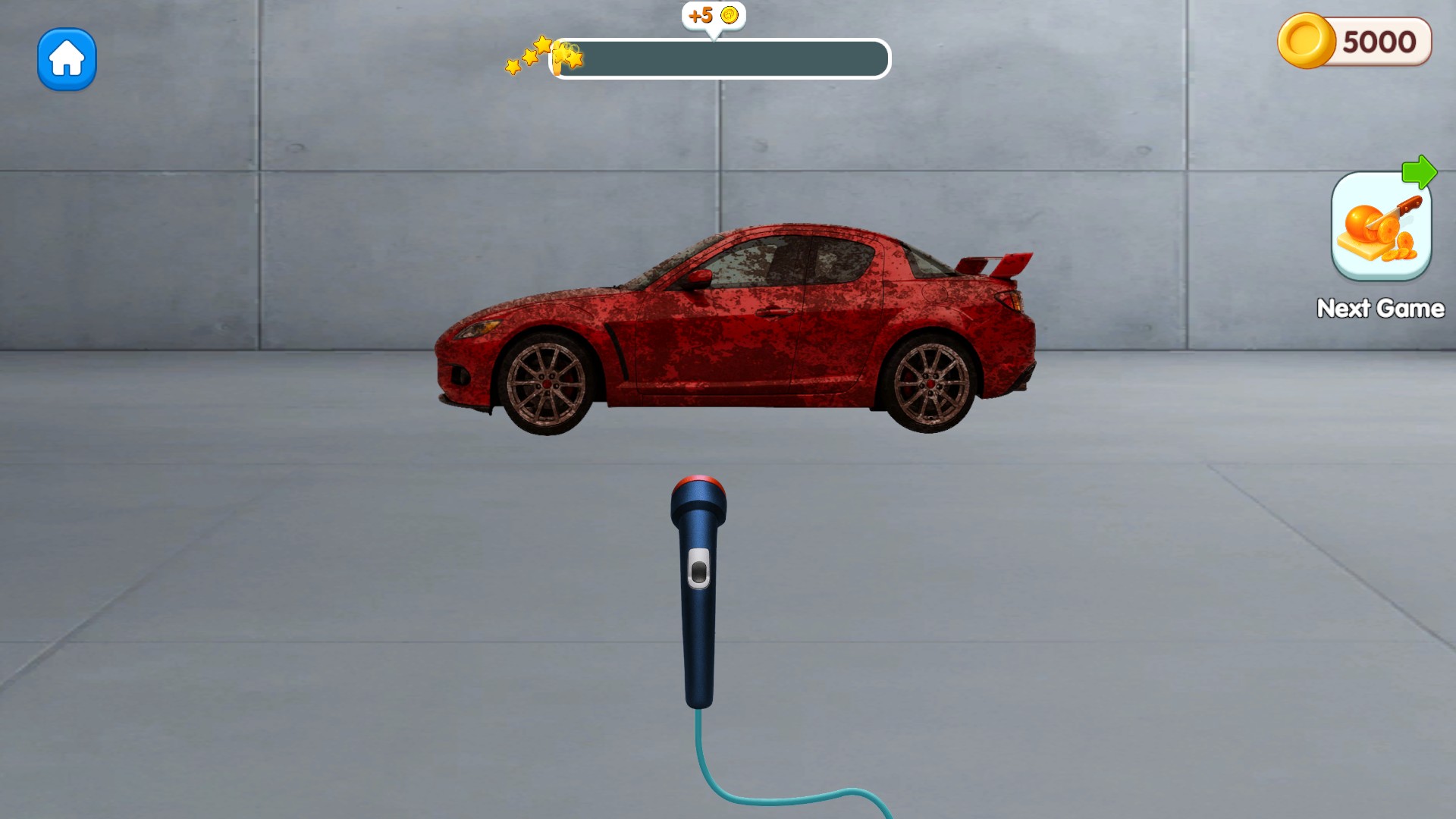 Red car in ASMR Mini Games with 5000 coins displayed in the upper-right corner.