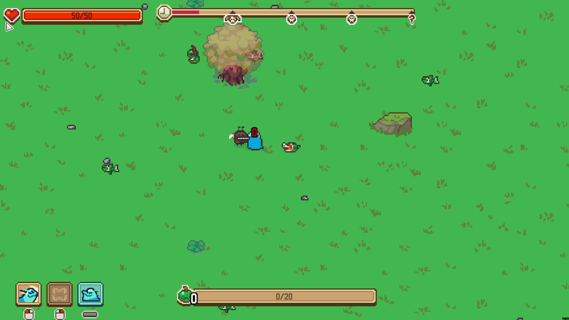 Everything is Crab player beside an attacking creature, with a red zero-damage number and 50/50 health.