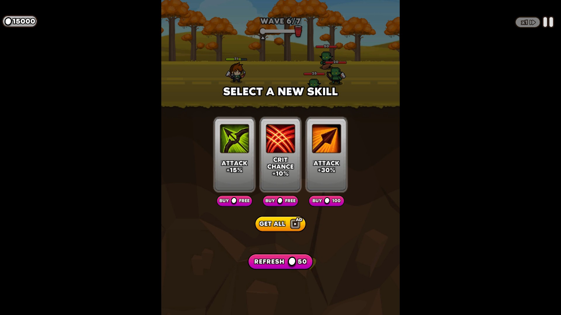 Cup Heroes skill selection with15,000 balls and an Attack+30% skill costing100 balls.