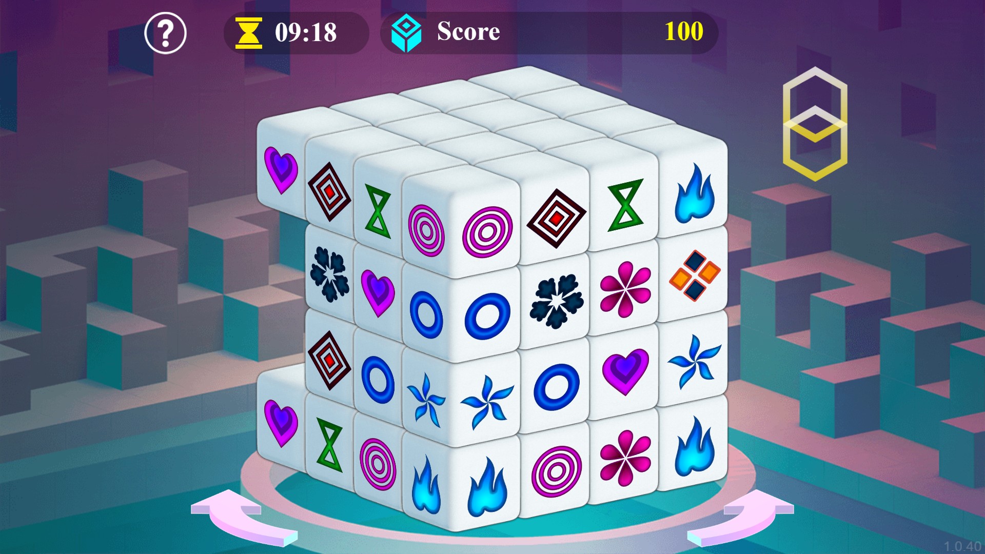 Mahjongg Dimensions after a restored reshuffle, with a new tile arrangement, 9:18 remaining and a score of 100.