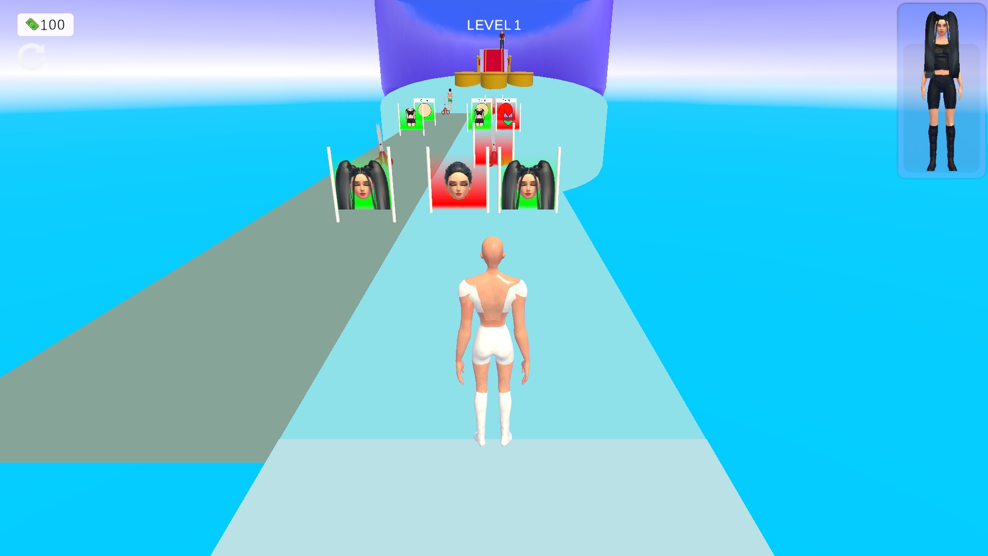 Runner with a larger torso standing before makeover gates on the course.
