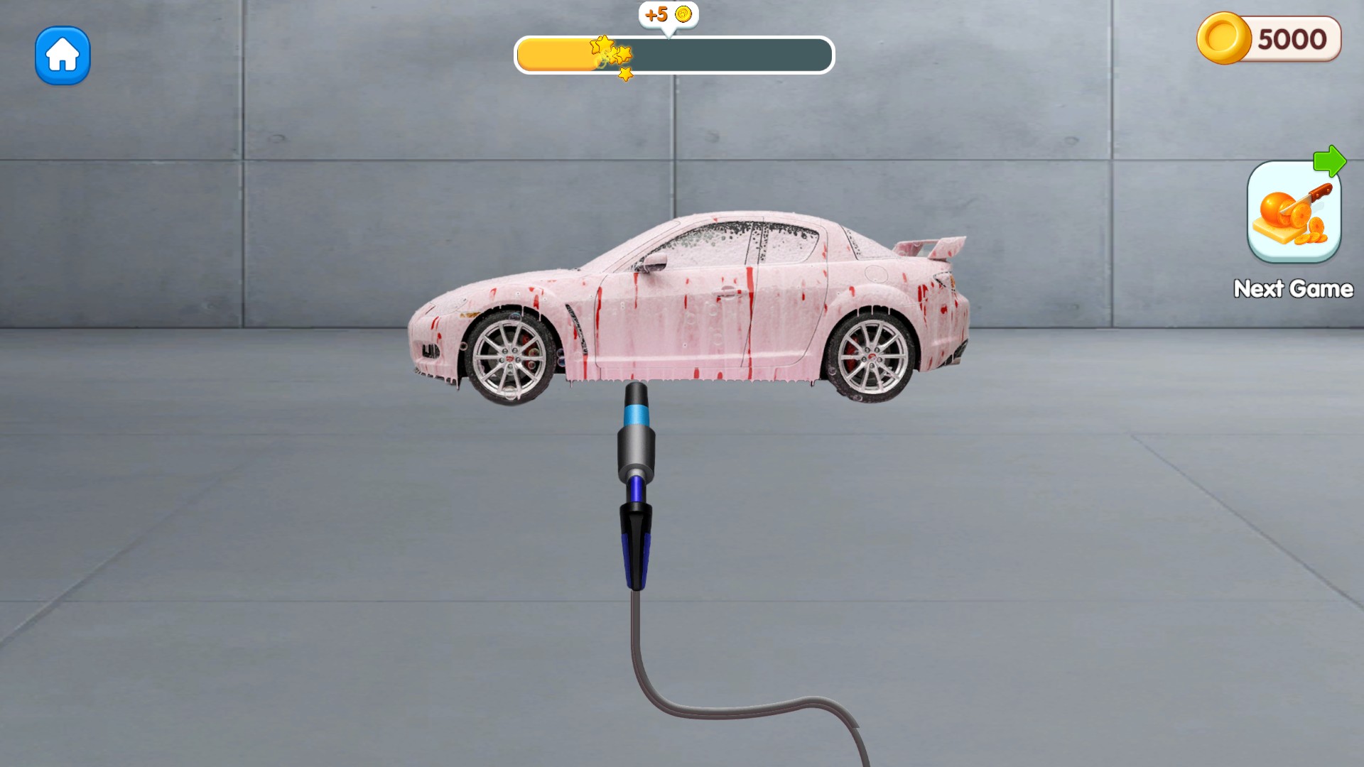 Foam-covered red car, blue cleaning tool and partly filled progress bar in ASMR Mini Games.