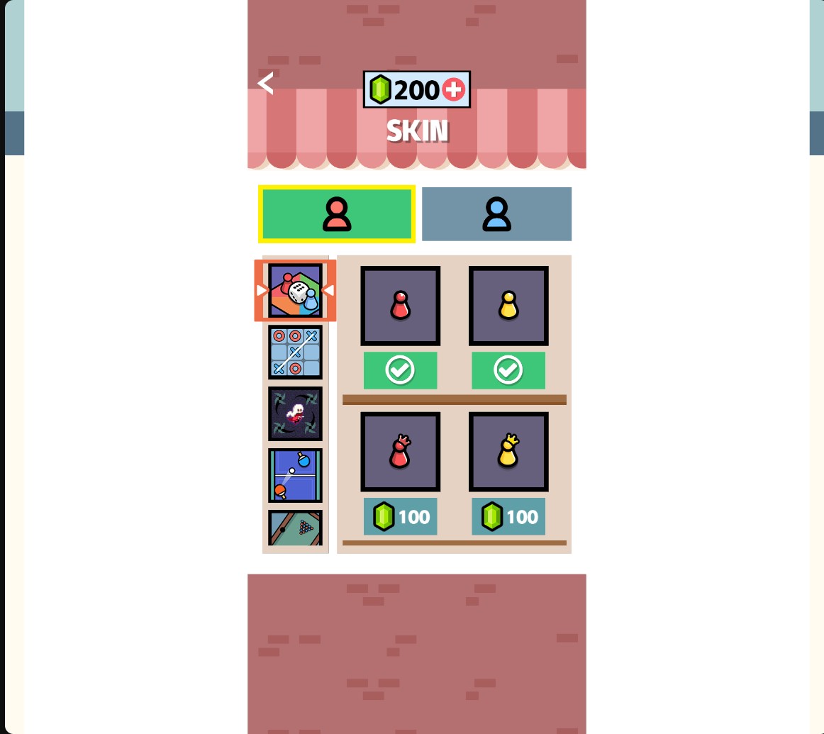 The 2 Player Battle Skin shop shows 200 gems and cosmetic pieces priced at 100 gems.