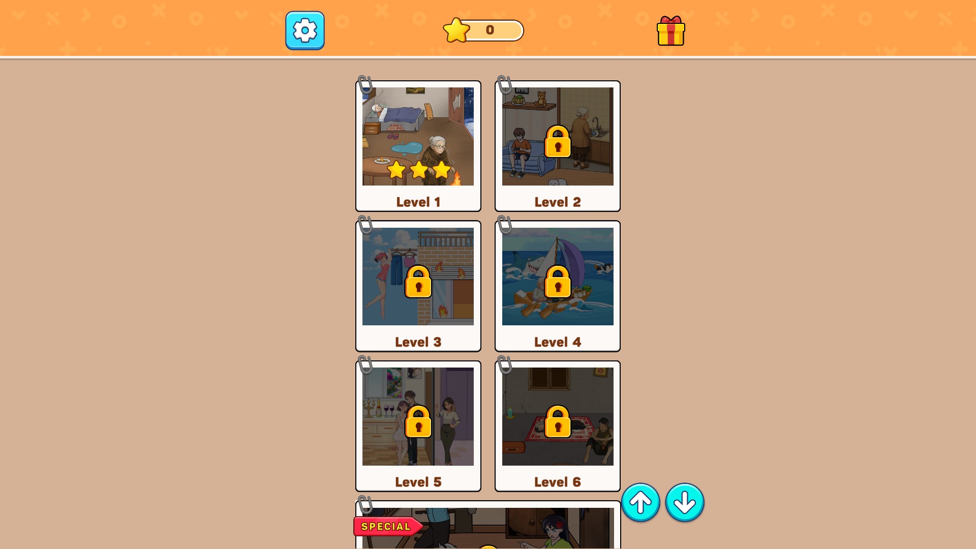 Tricky Twist level menu showing three gold stars on the Level 1 card.