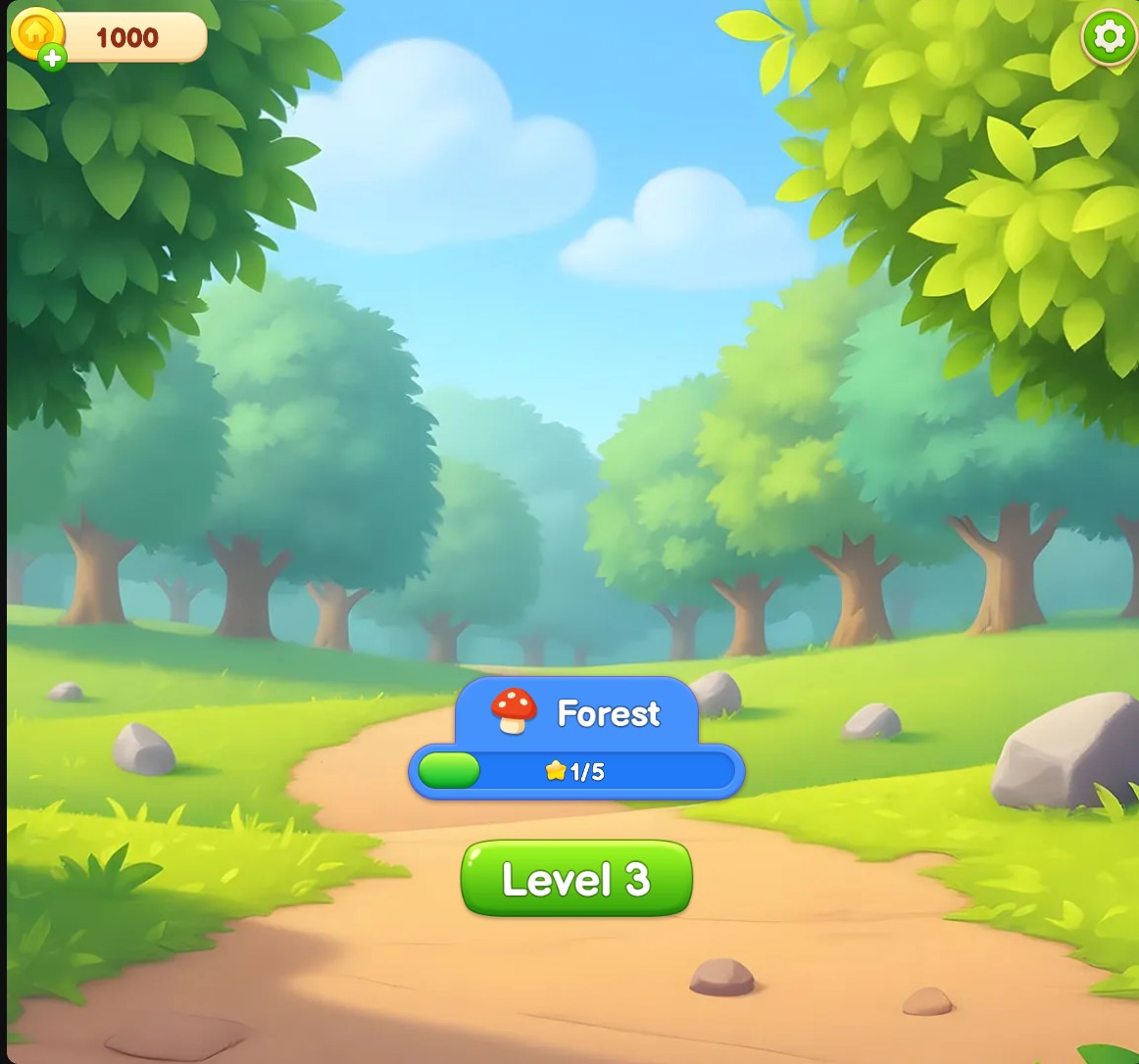 Sort Tiles: Tap Away Forest menu with 1000 coins, one of five stars and the Level 3 button.