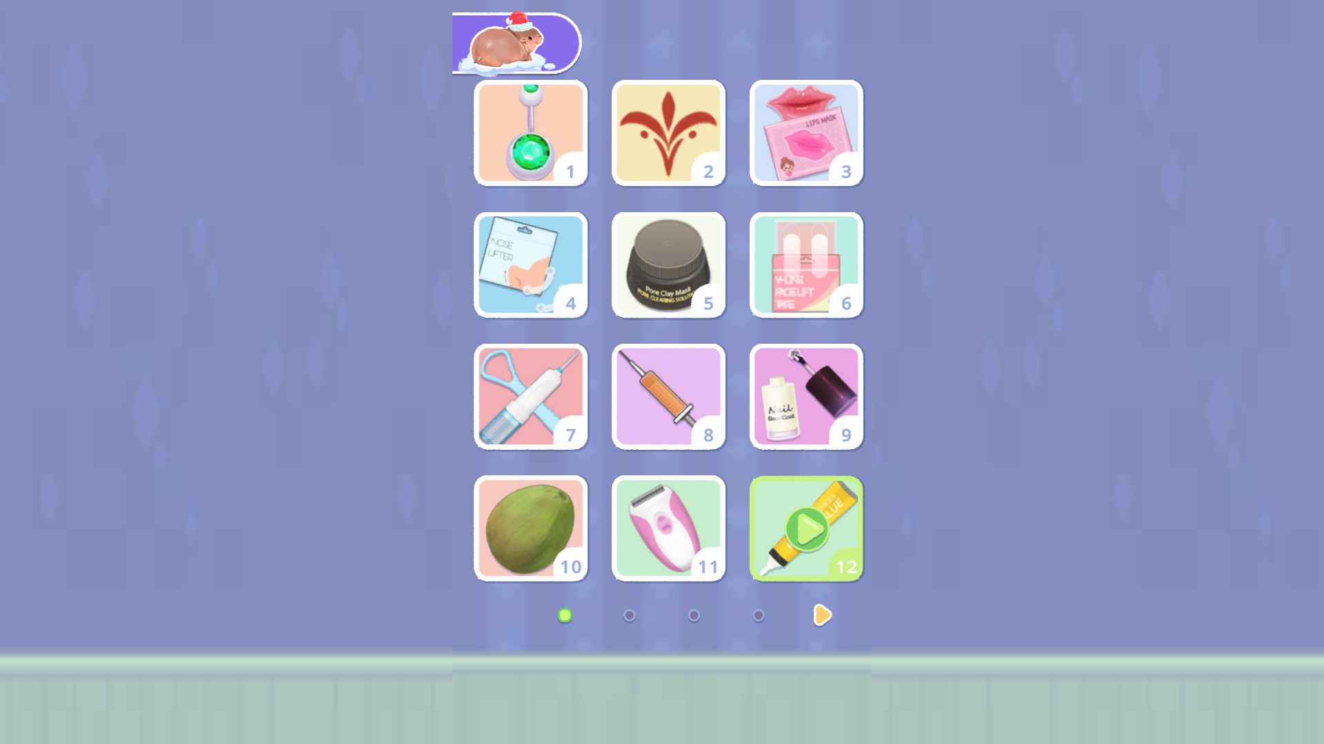 Skincare Time level menu showing levels one through twelve unlocked.