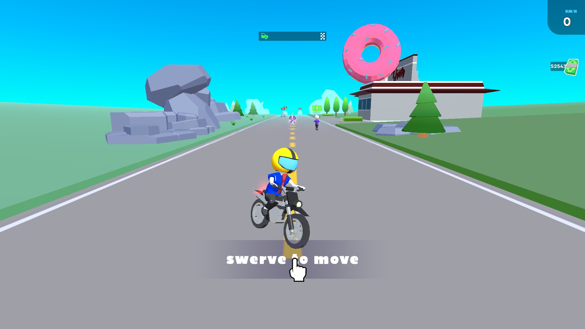 Smash Speed! shows a rider at the start of the road and a cash balance of 52,543.