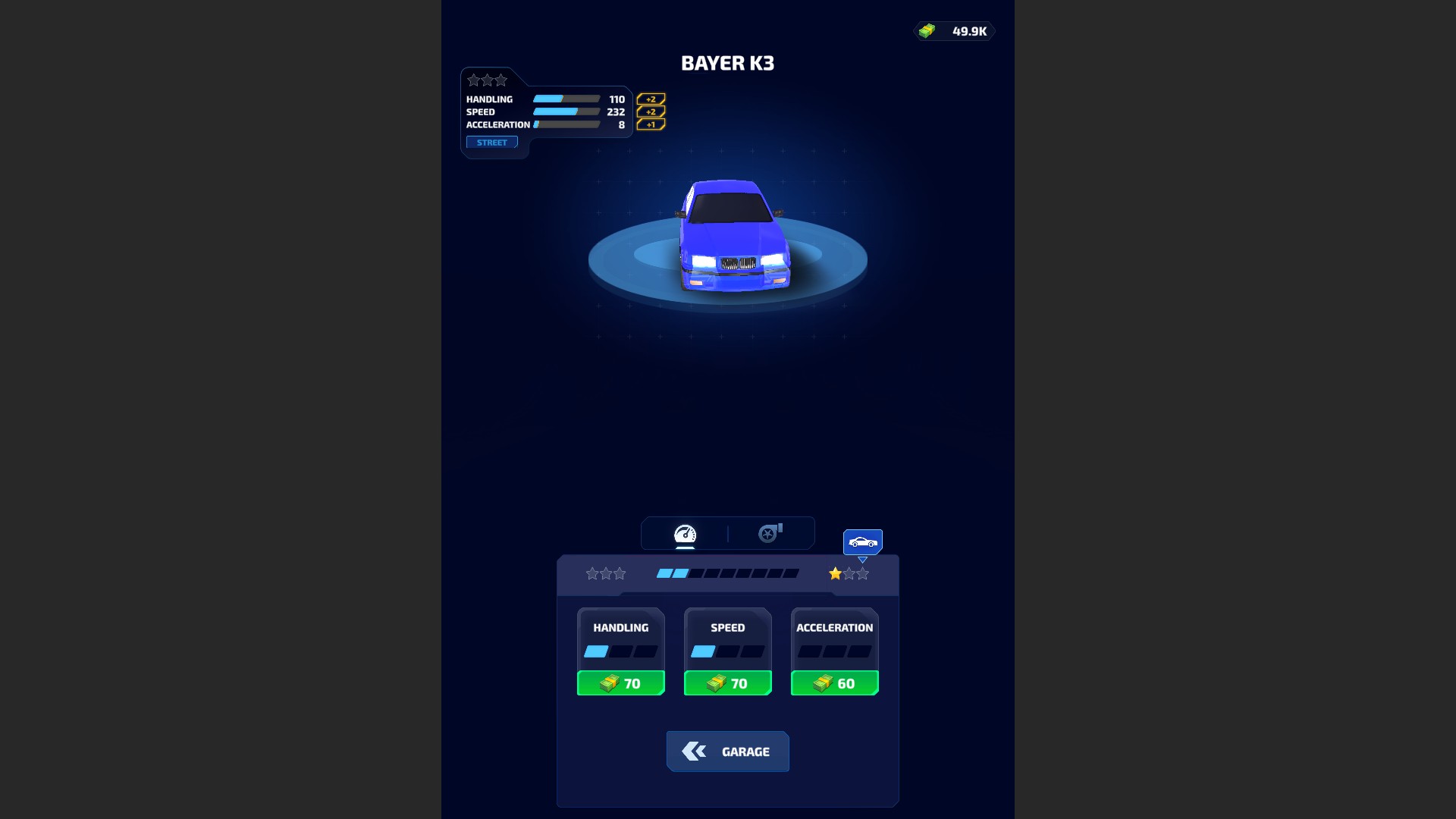 Race Rush 3D's blue Bayer K3 in the garage with 49.9K cash and a purchased speed upgrade showing 232.