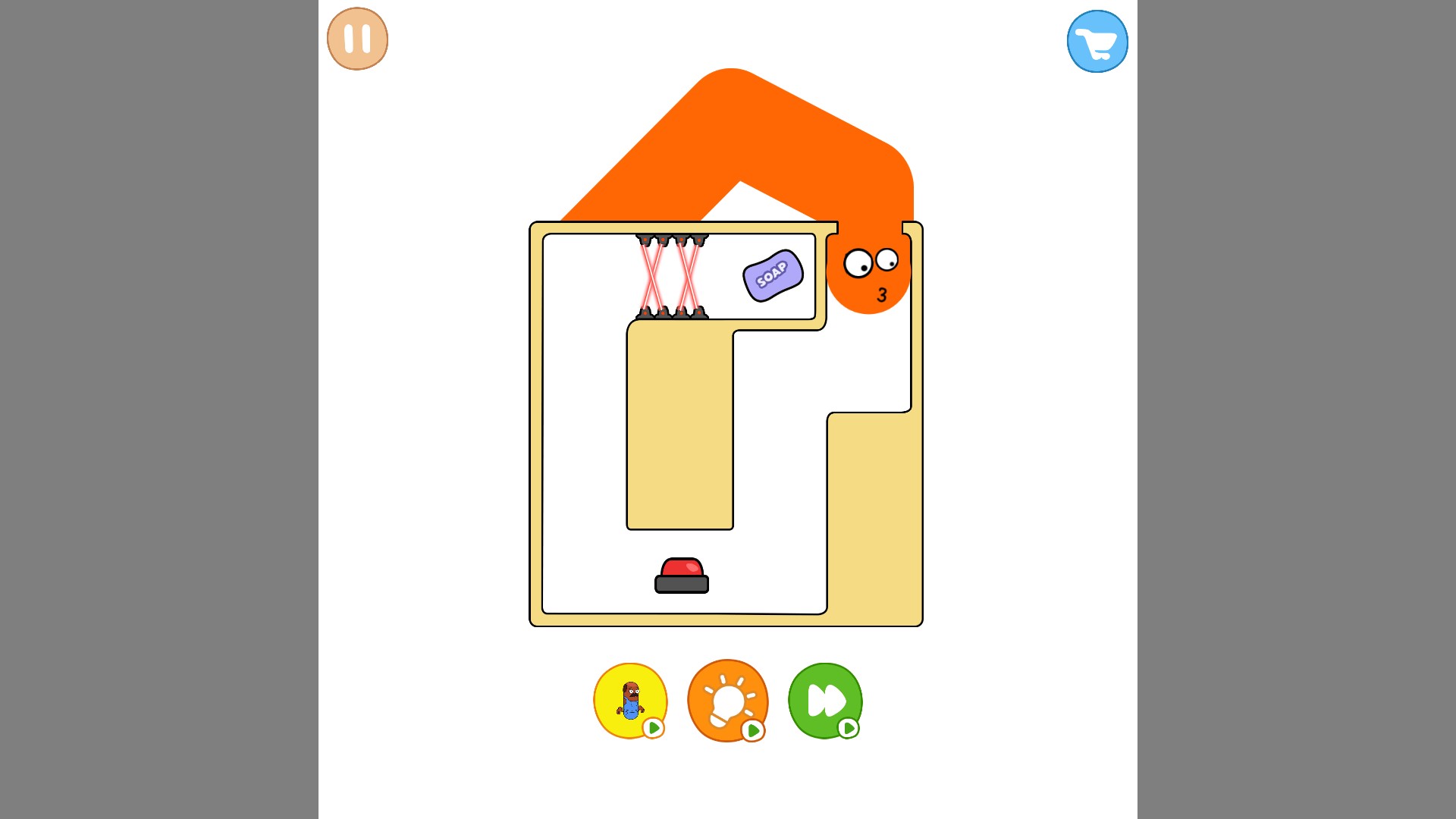 The orange character is back at the top-right starting point of the soap maze, above the floor button.
