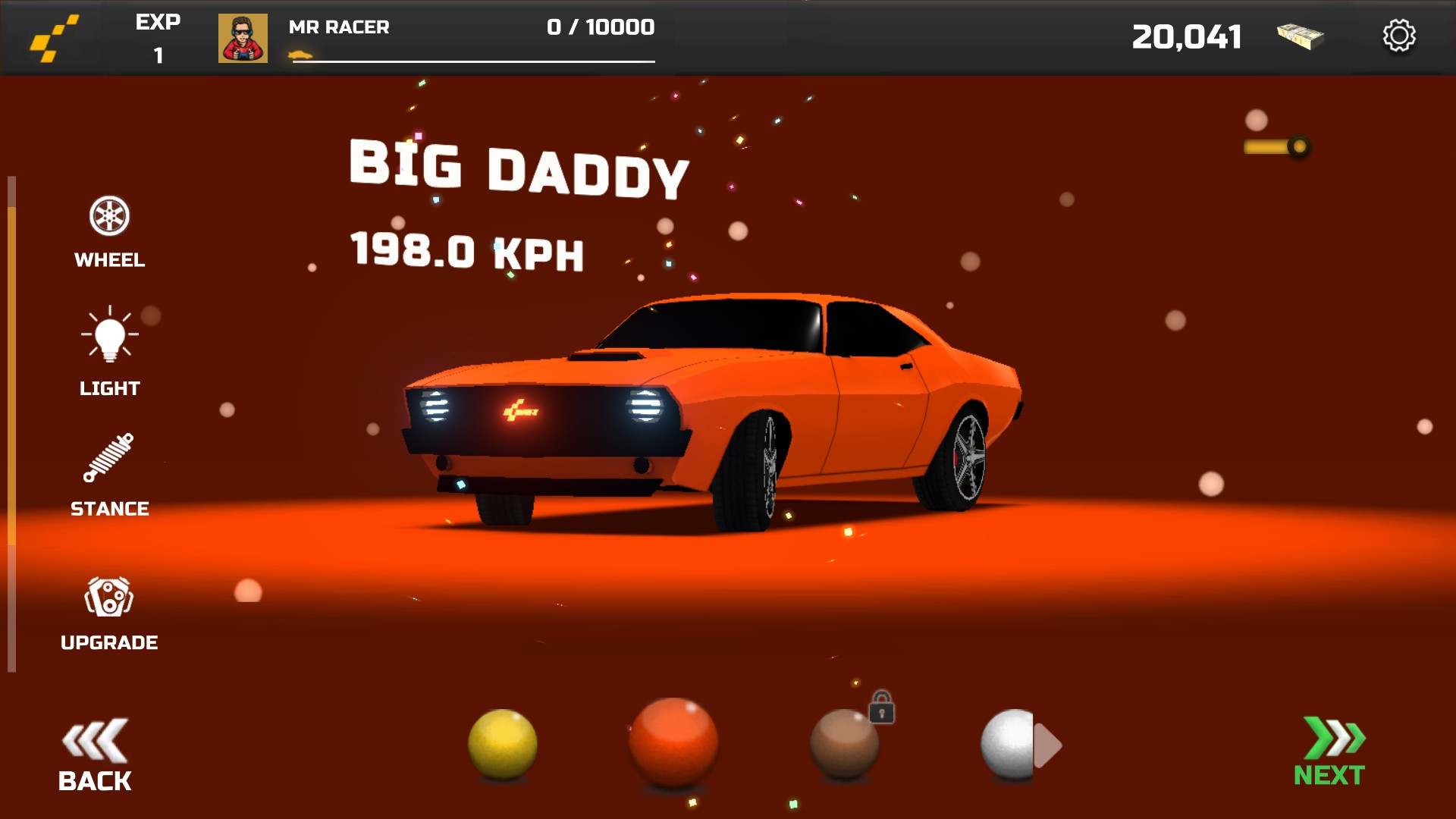 Orange Big Daddy car in the MR RACER garage with its orange paint choice unlocked.