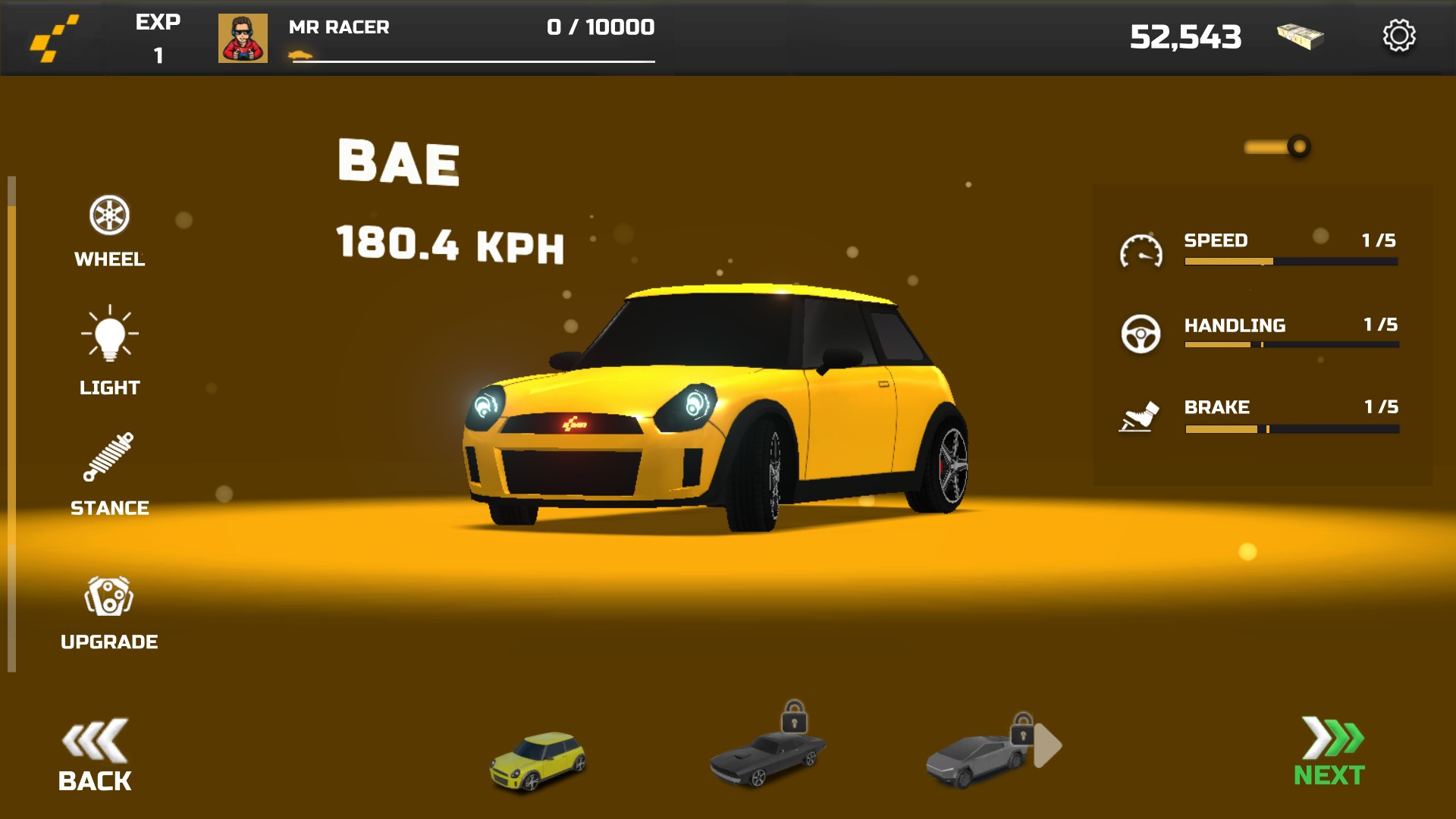 MR RACER garage with a yellow Bae car and a cash balance of 52,543.
