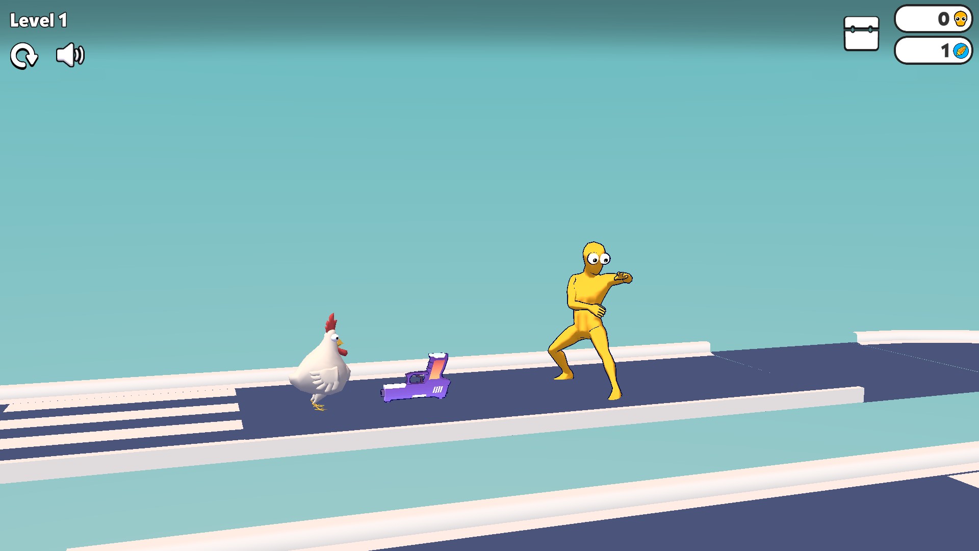 Level 1 with the purple pistol on the road beside a chicken and yellow ragdoll.