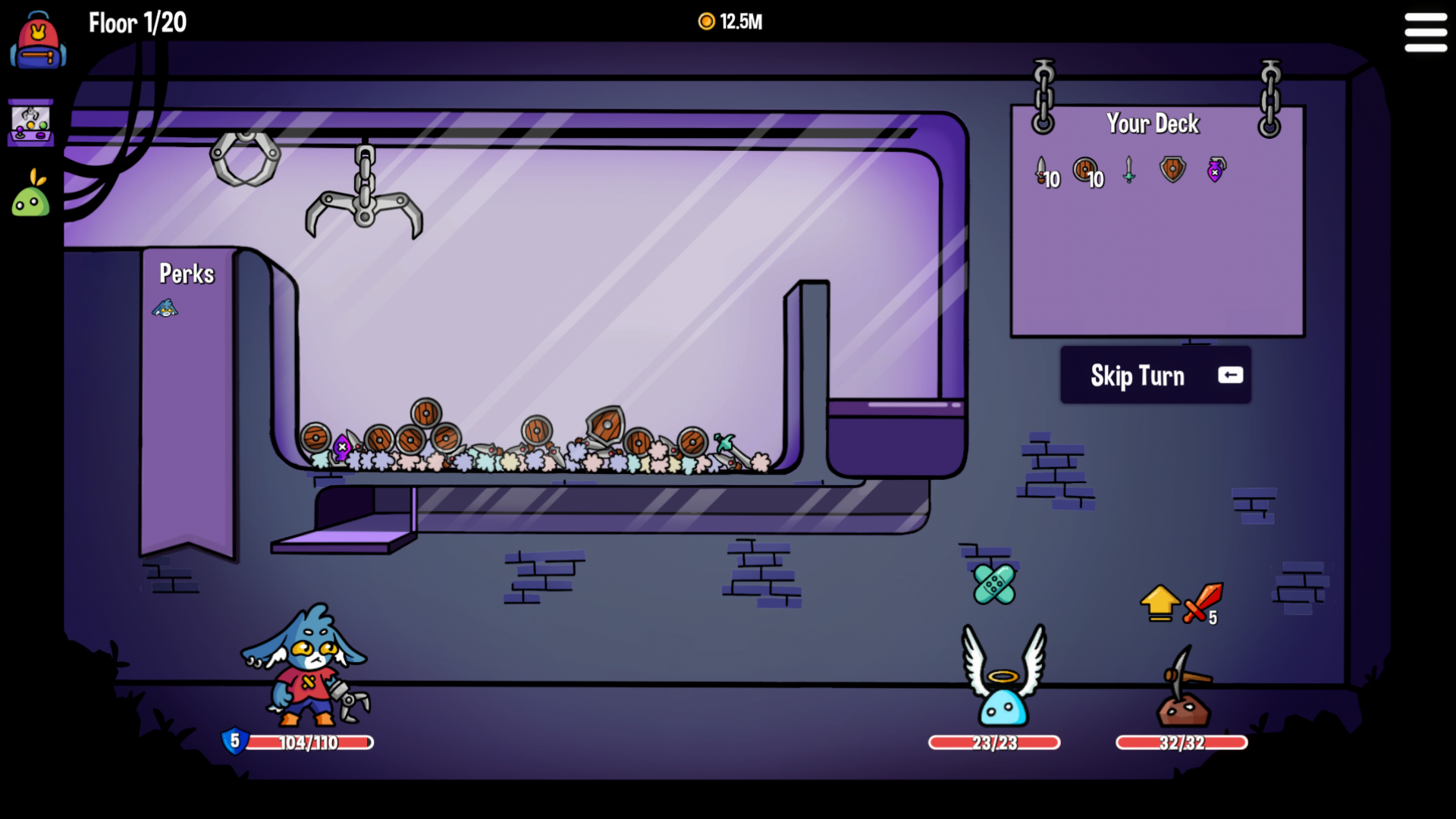 Dungeon Clawler gameplay with 12.5M coins displayed at the top.