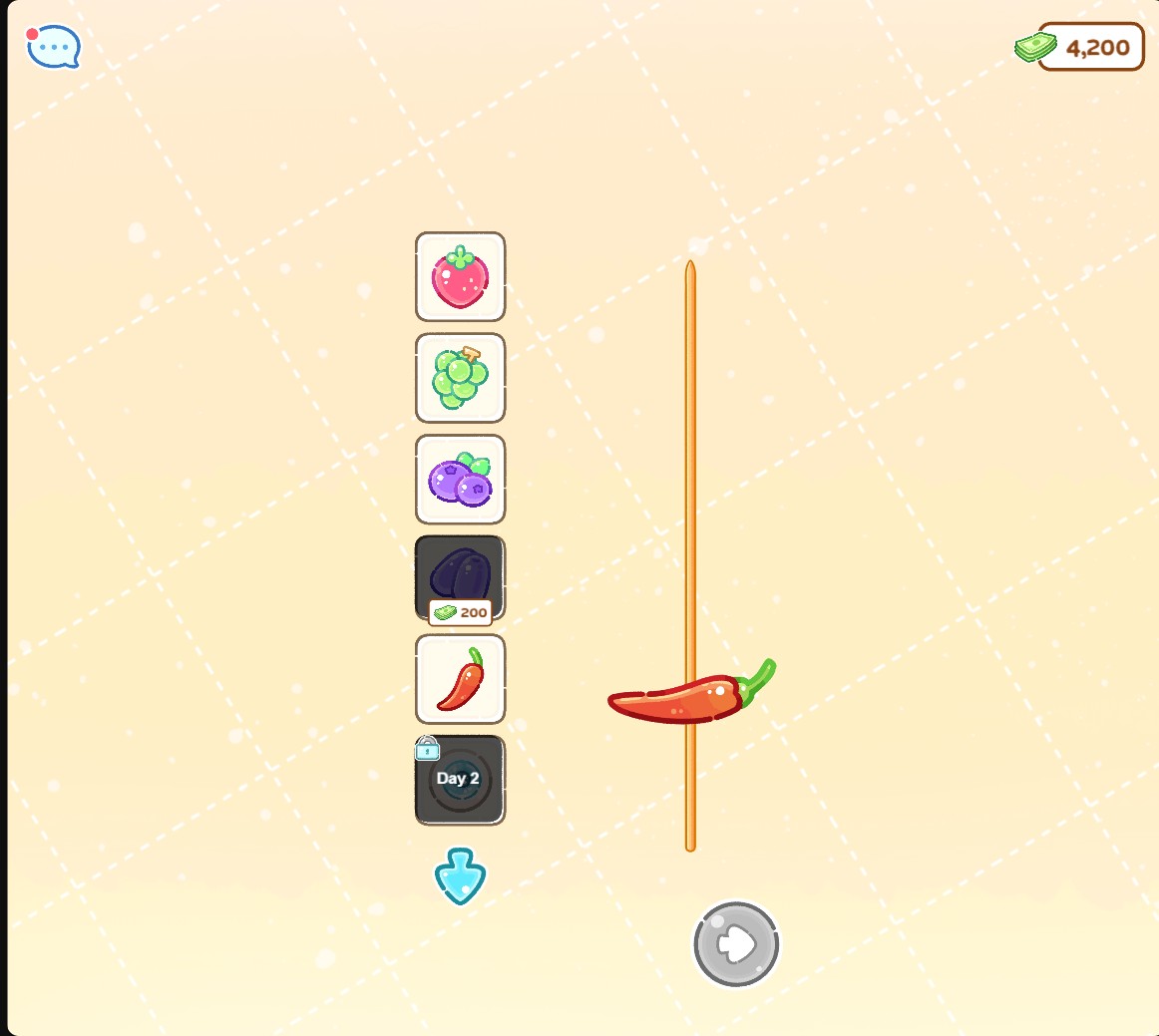 Tanghulu Master shows 4,200 cash and a newly purchased Hot Pepper on the skewer.