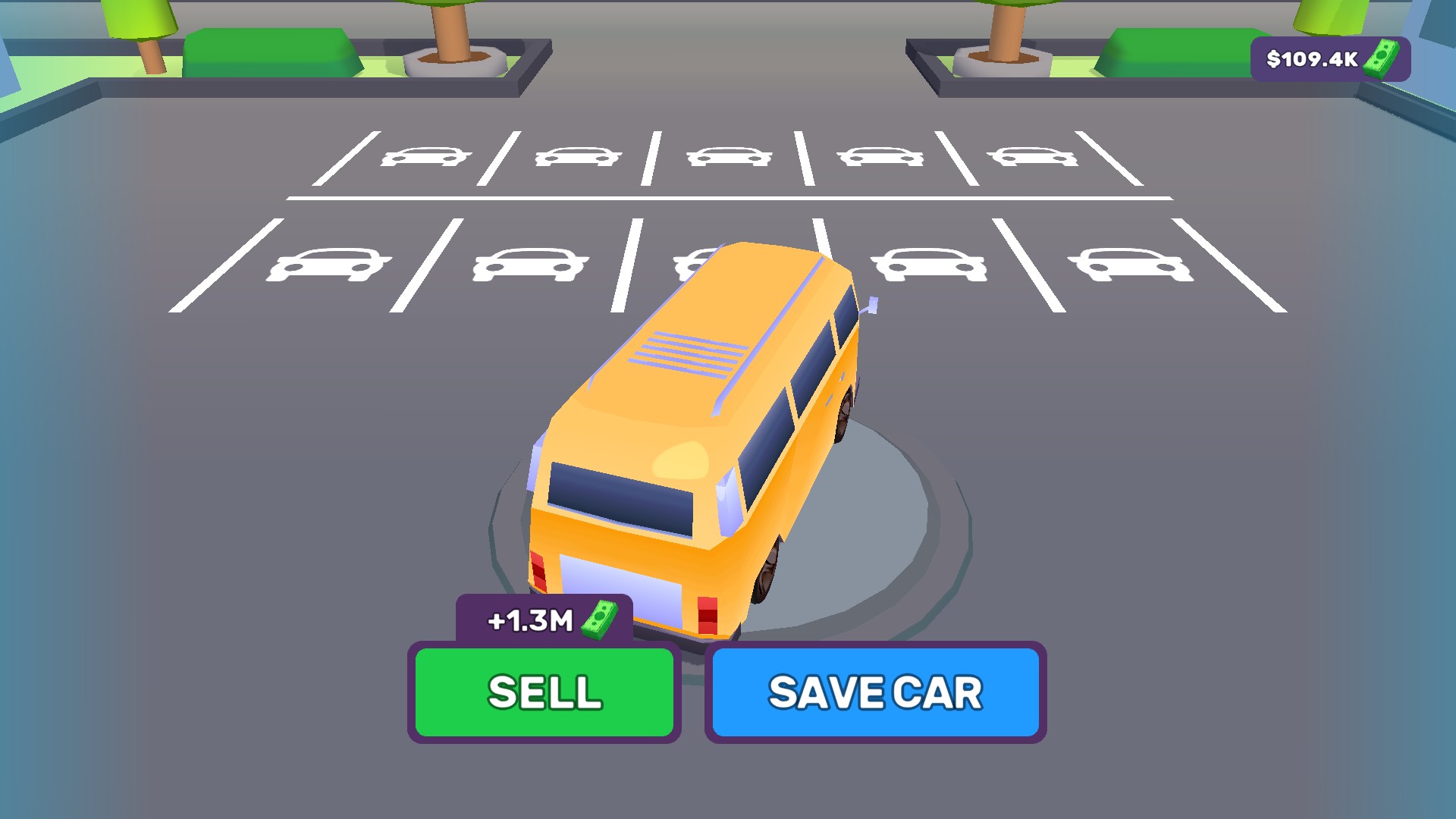 A yellow van at the finish in Supercar Legends, with a 1.3M Sell offer beside Save Car.