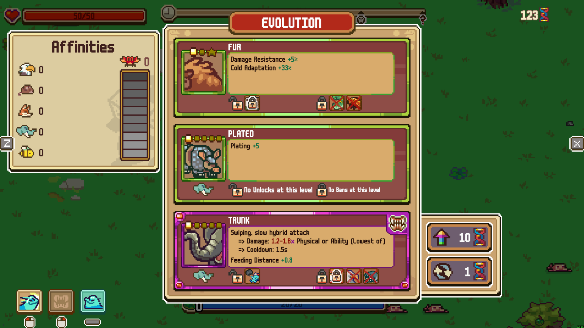Everything is Crab evolution choices with 123 Mutagen shown at the top right and reroll costs beside the cards.