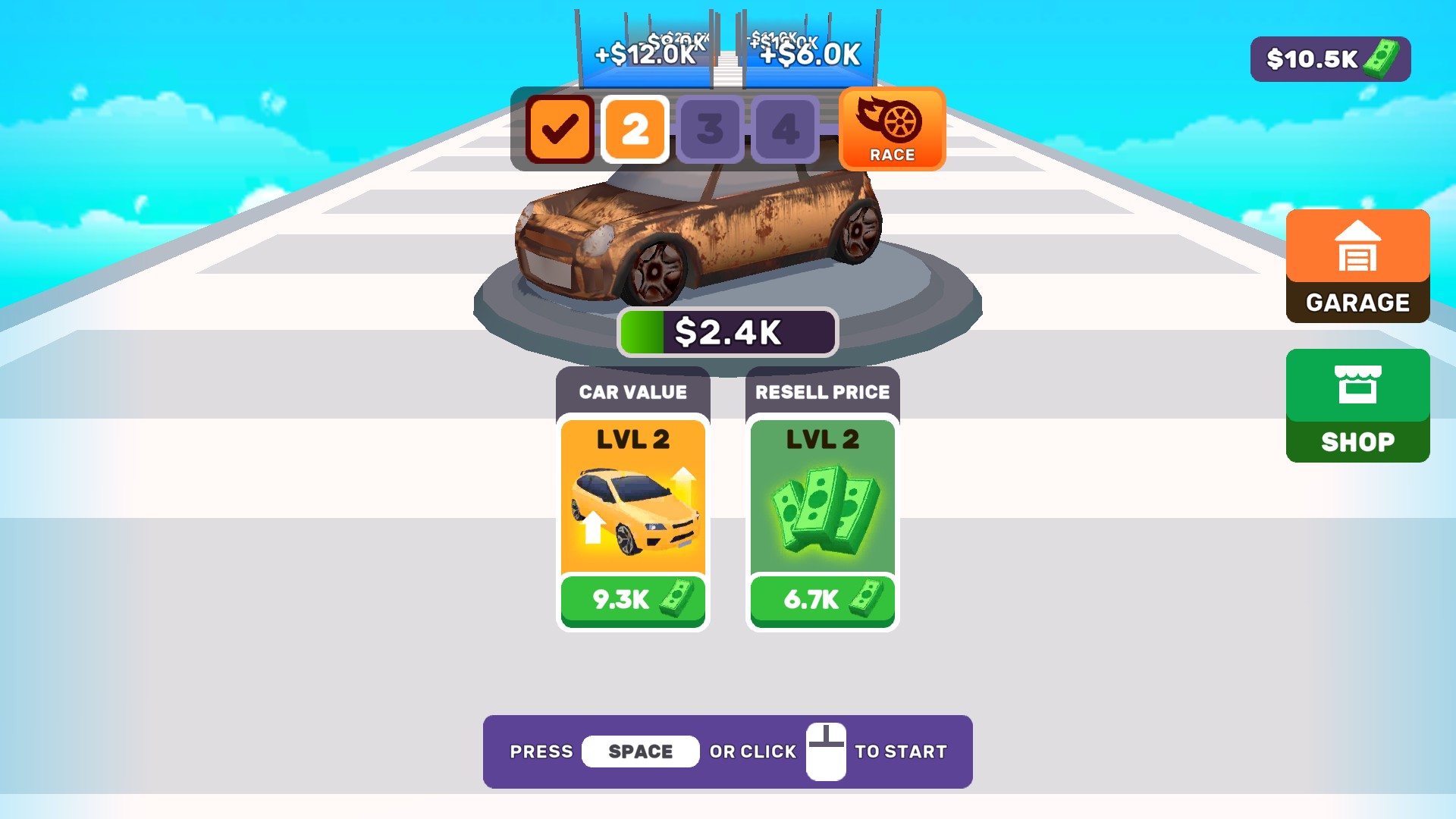 Supercar Legends garage showing $10,500 cash after purchasing the level 2 Car Value upgrade.