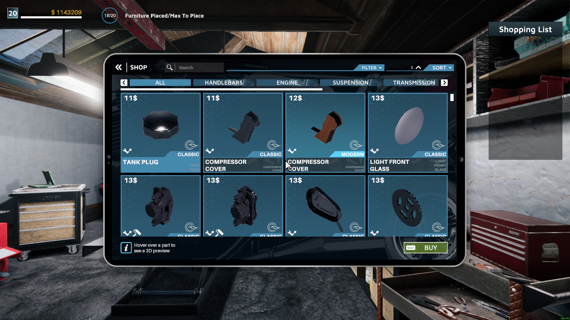 Motorcycle parts shop with a $1,143,209 cash balance visible in the HUD and purchasable parts displayed on the tablet.