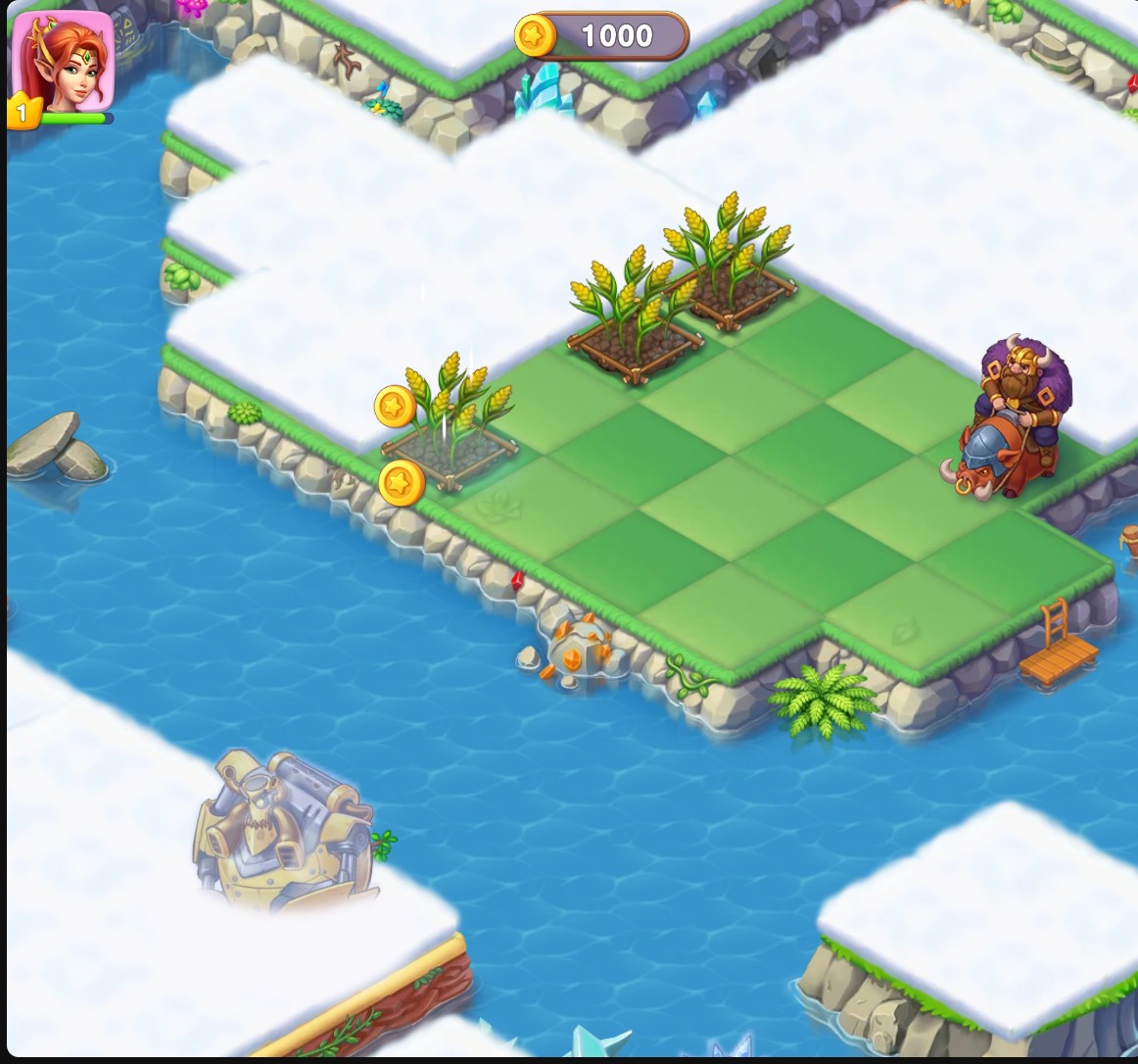 Mergest Kingdom island with the coin counter showing 1000 and wheat plots beside the dwarf.
