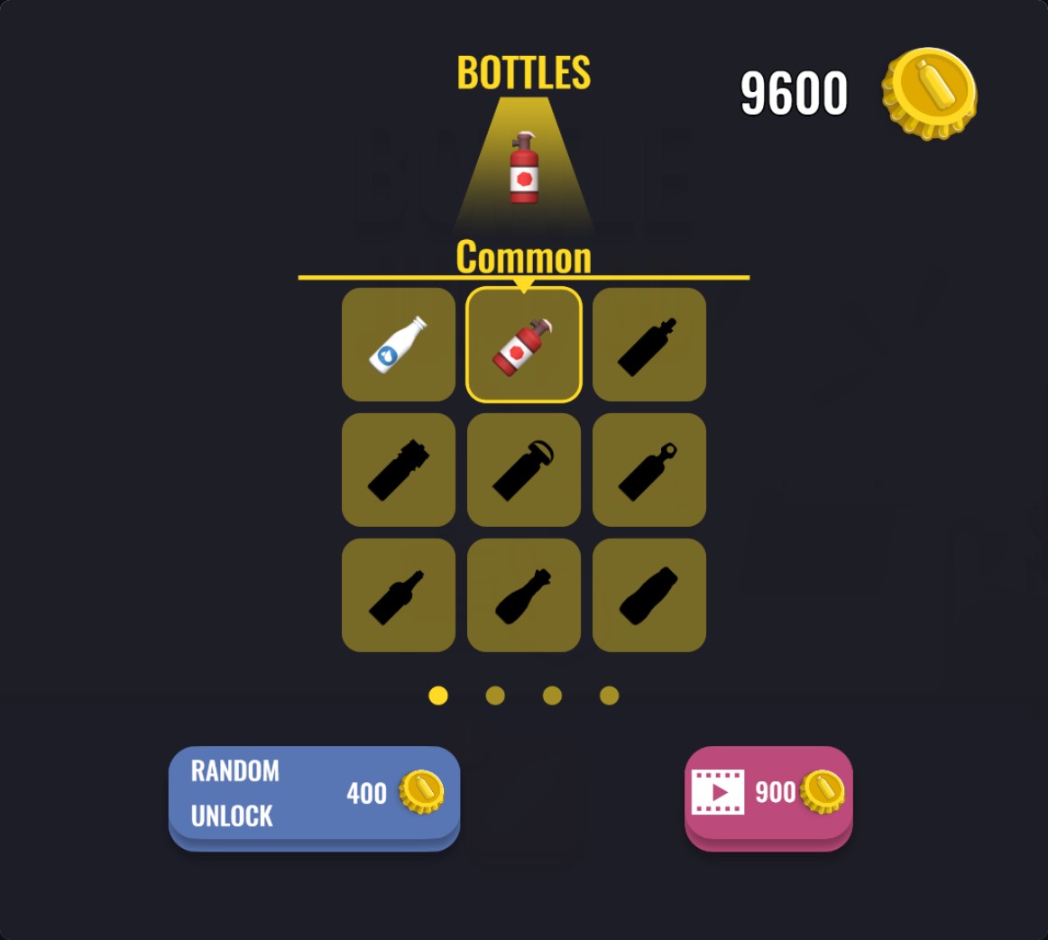 Bottle shop with a selected red pump bottle and 9,600 coins after a 400-coin unlock.