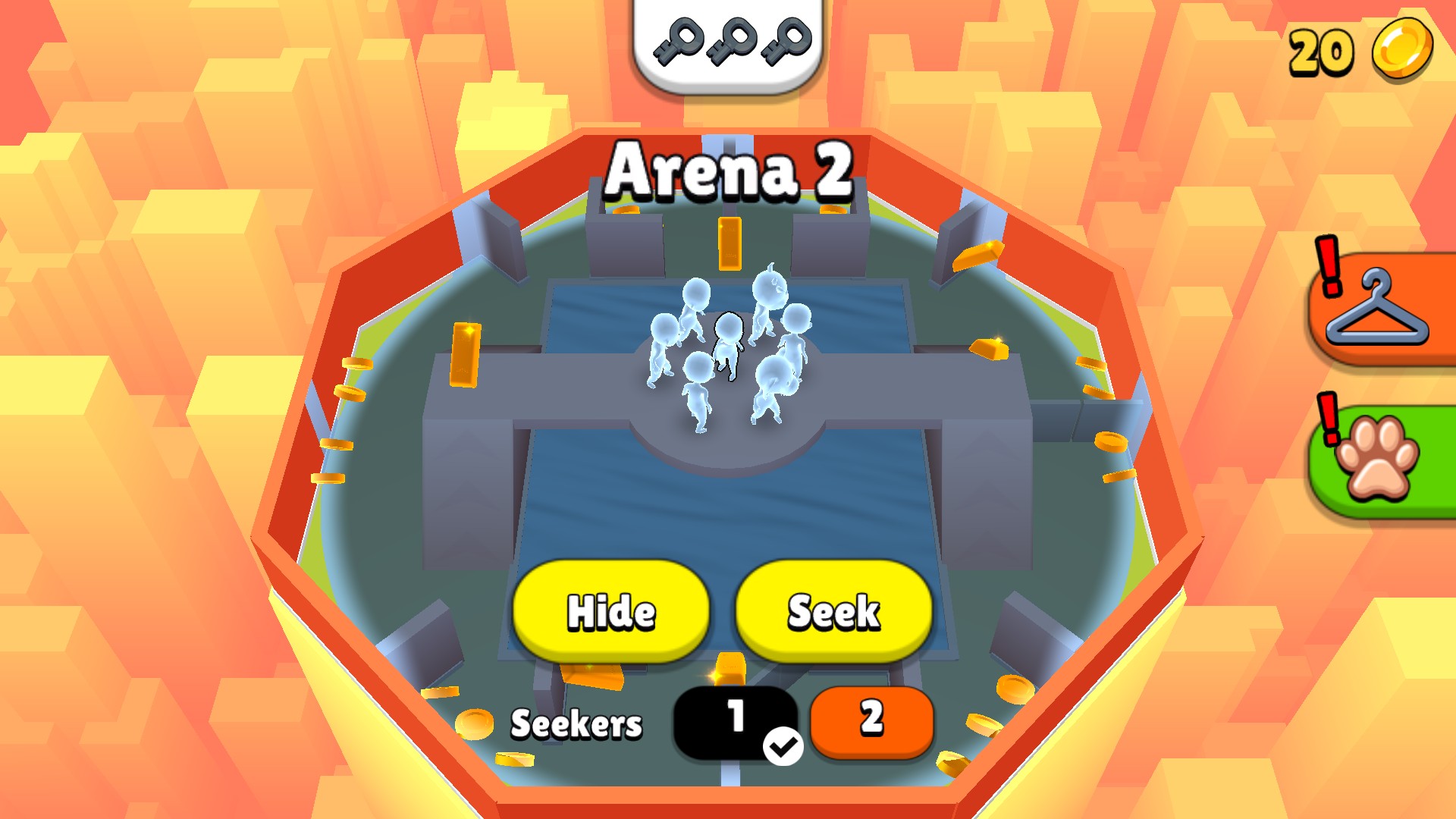 Bright white character silhouettes in the Hide N Seek Arena 2 lobby.