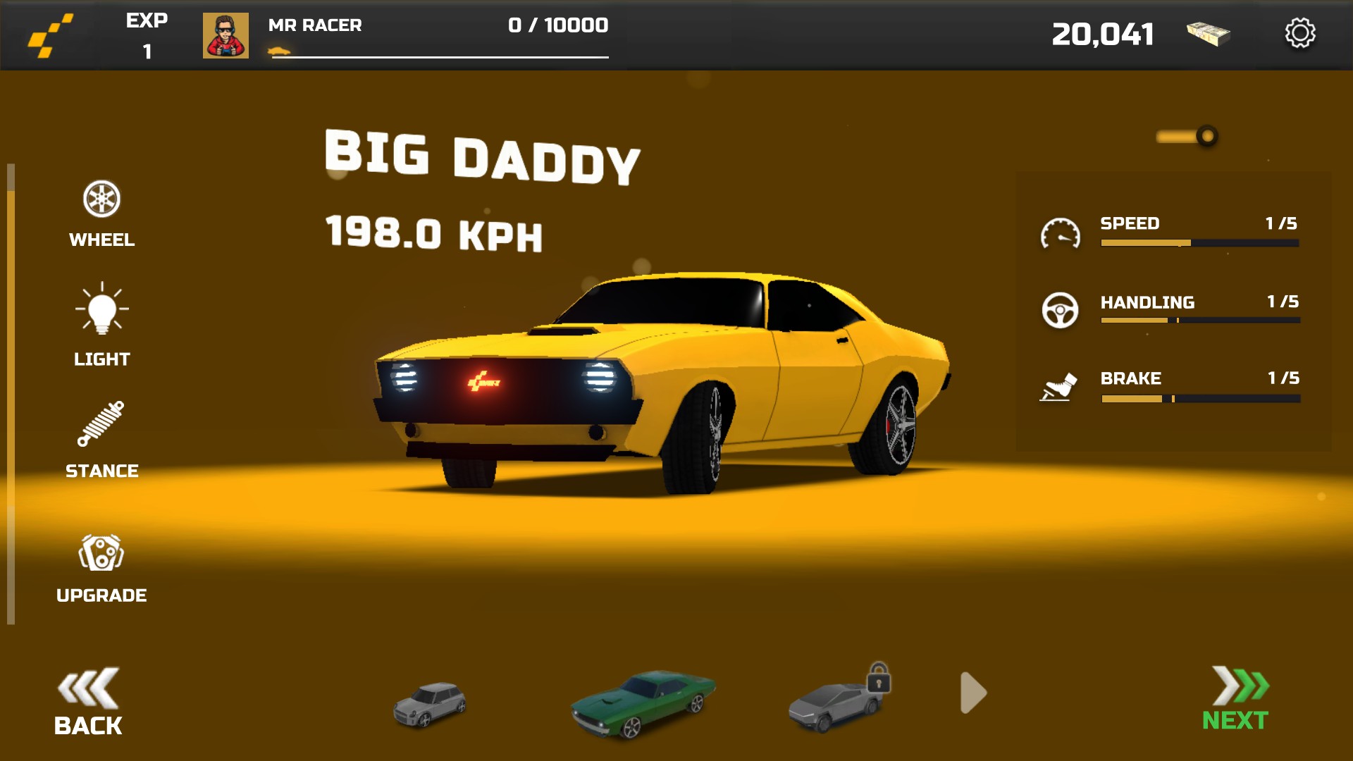 Yellow Big Daddy car in the MR RACER garage with customization controls available.