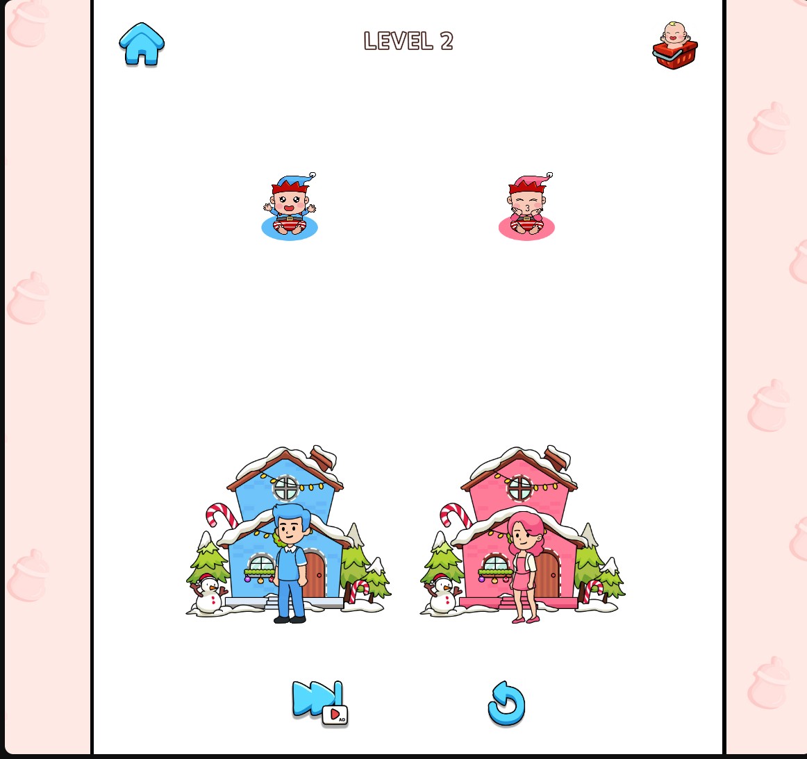 Home Rush blue and pink snowy cottages with festive decorations