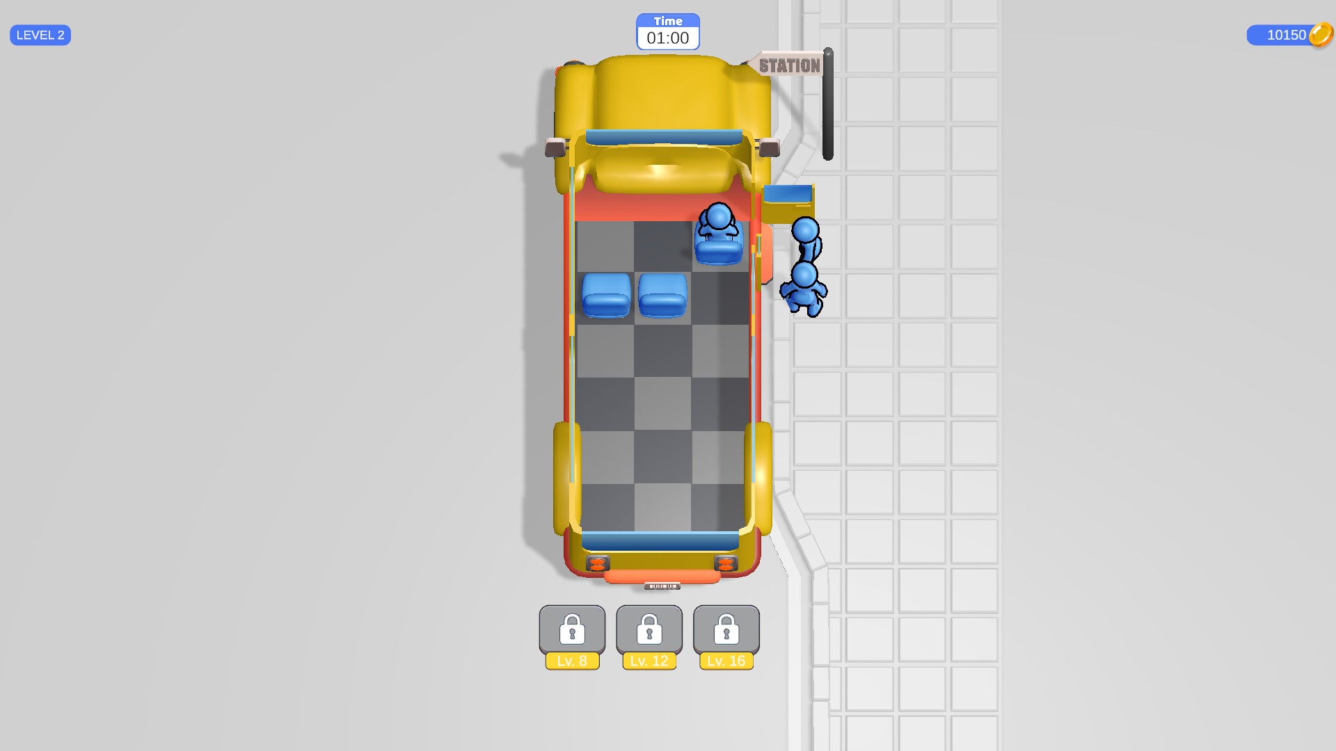 Seat Away level 2 after restarting, with the starting seat arrangement and one minute on the clock.