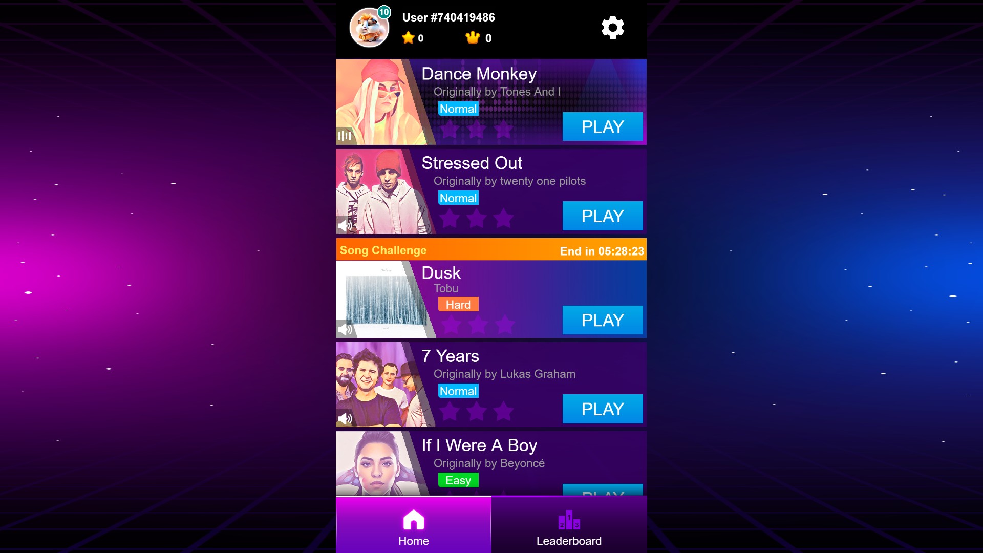 Magic Tiles 3 Home song menu with a level 10 badge and zero stars and crowns.