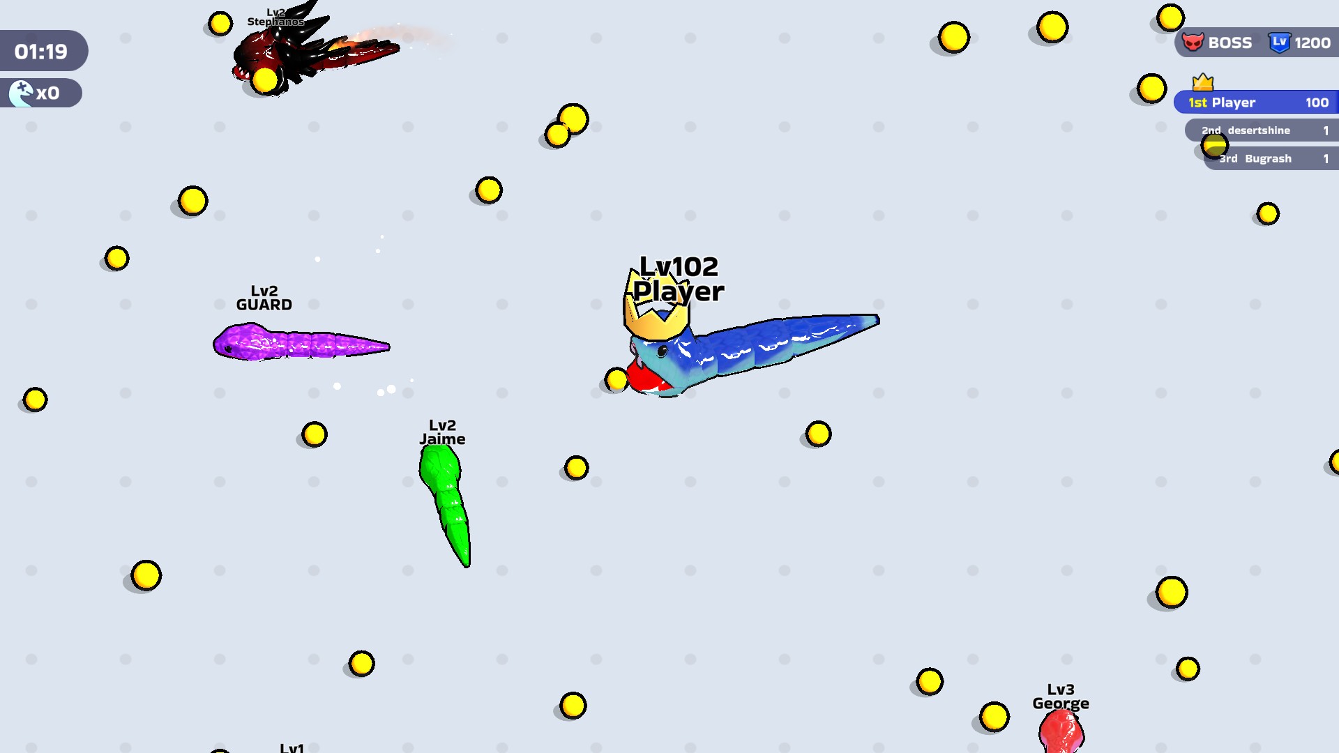 Level 102 player snake in the Snake Clash! arena.