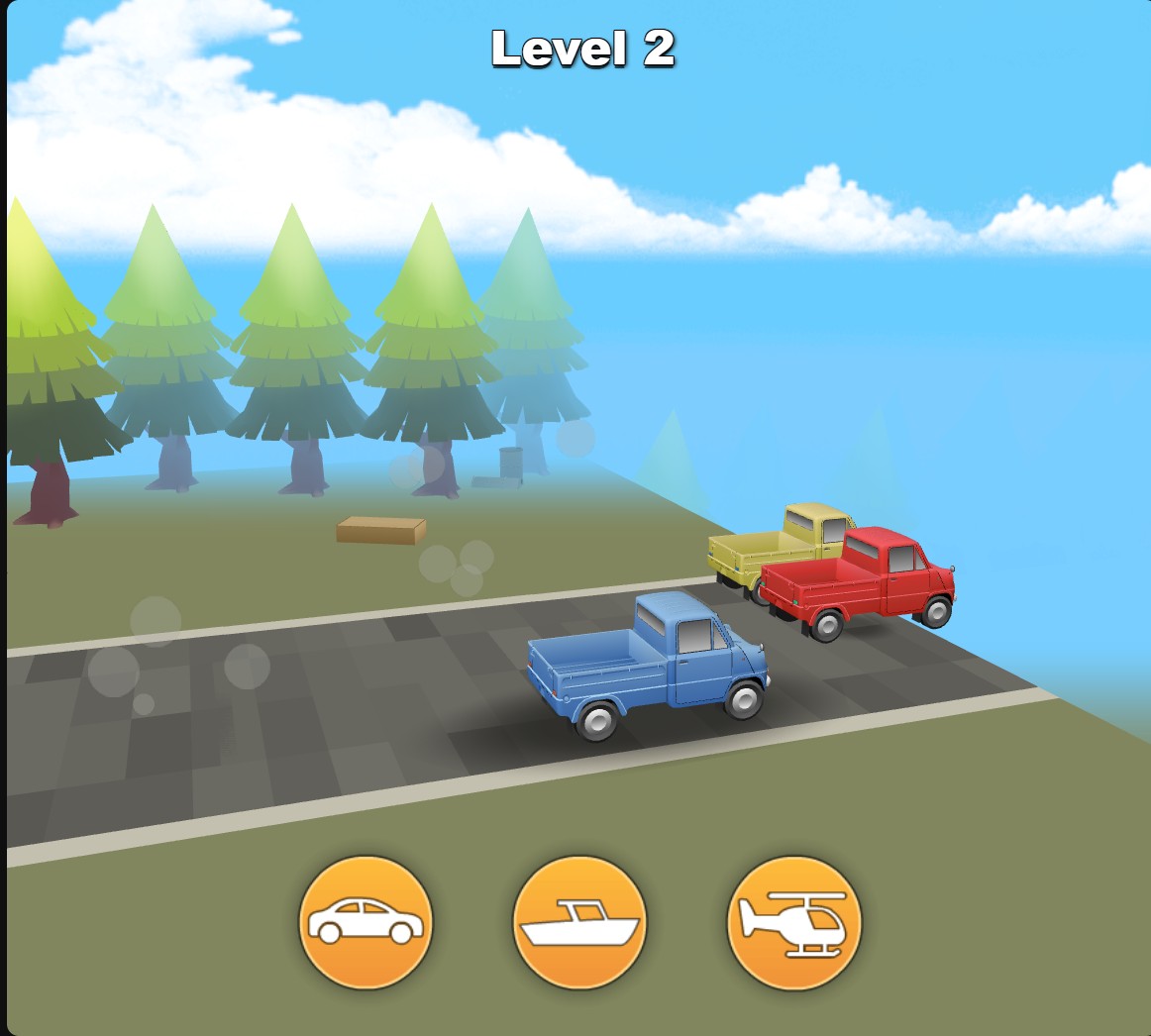 Shift Shapes Car Level 2 race with the blue player's truck, two AI racers and car, boat and helicopter buttons.