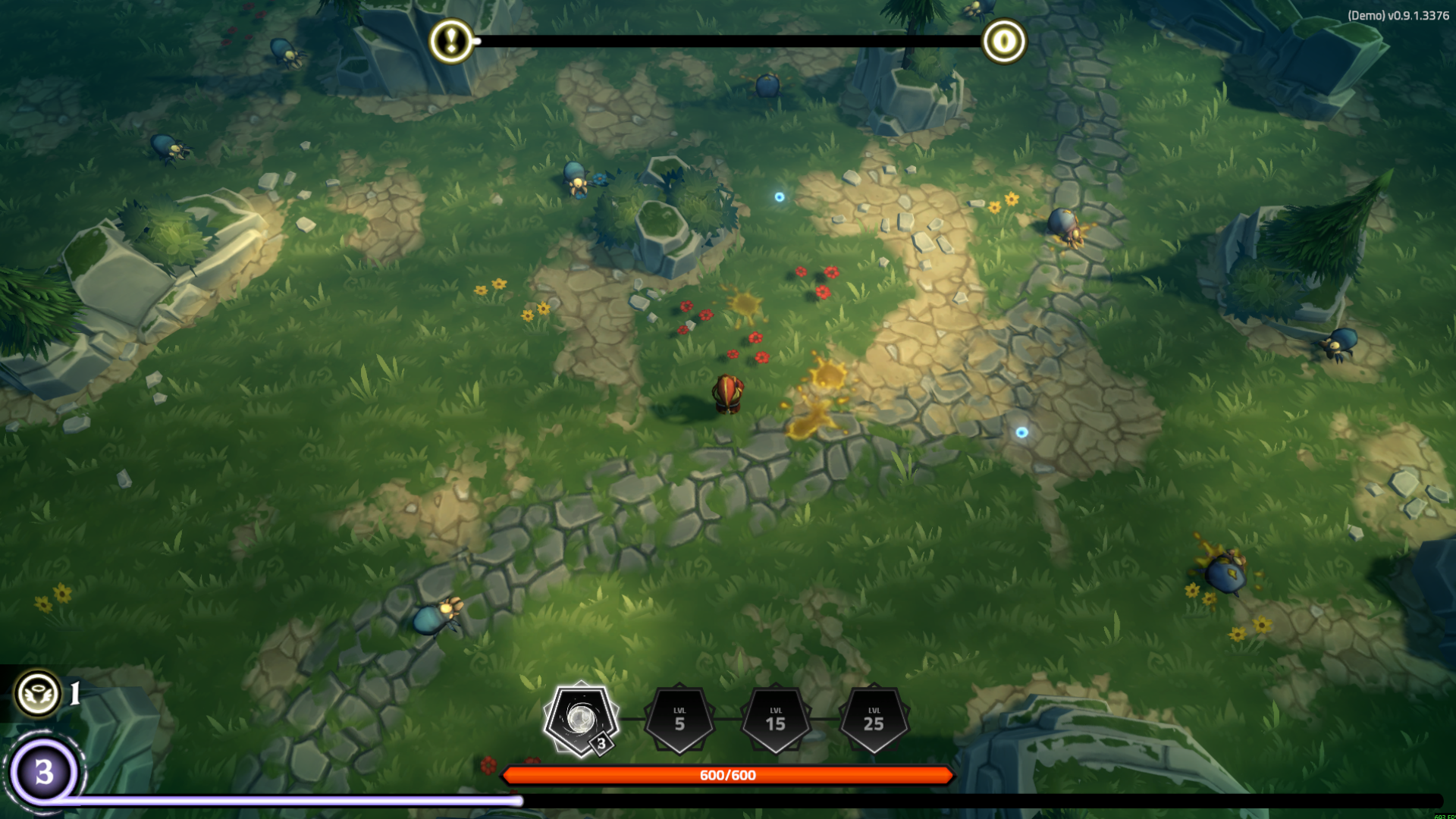 The Spell Brigade Demo with 600/600 health as enemies approach.