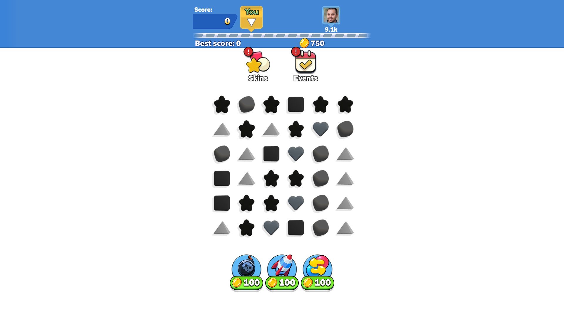 Collect Em All board using Gray Scales with gray stars, squares, hearts and triangles on white, and 750 coins remaining.