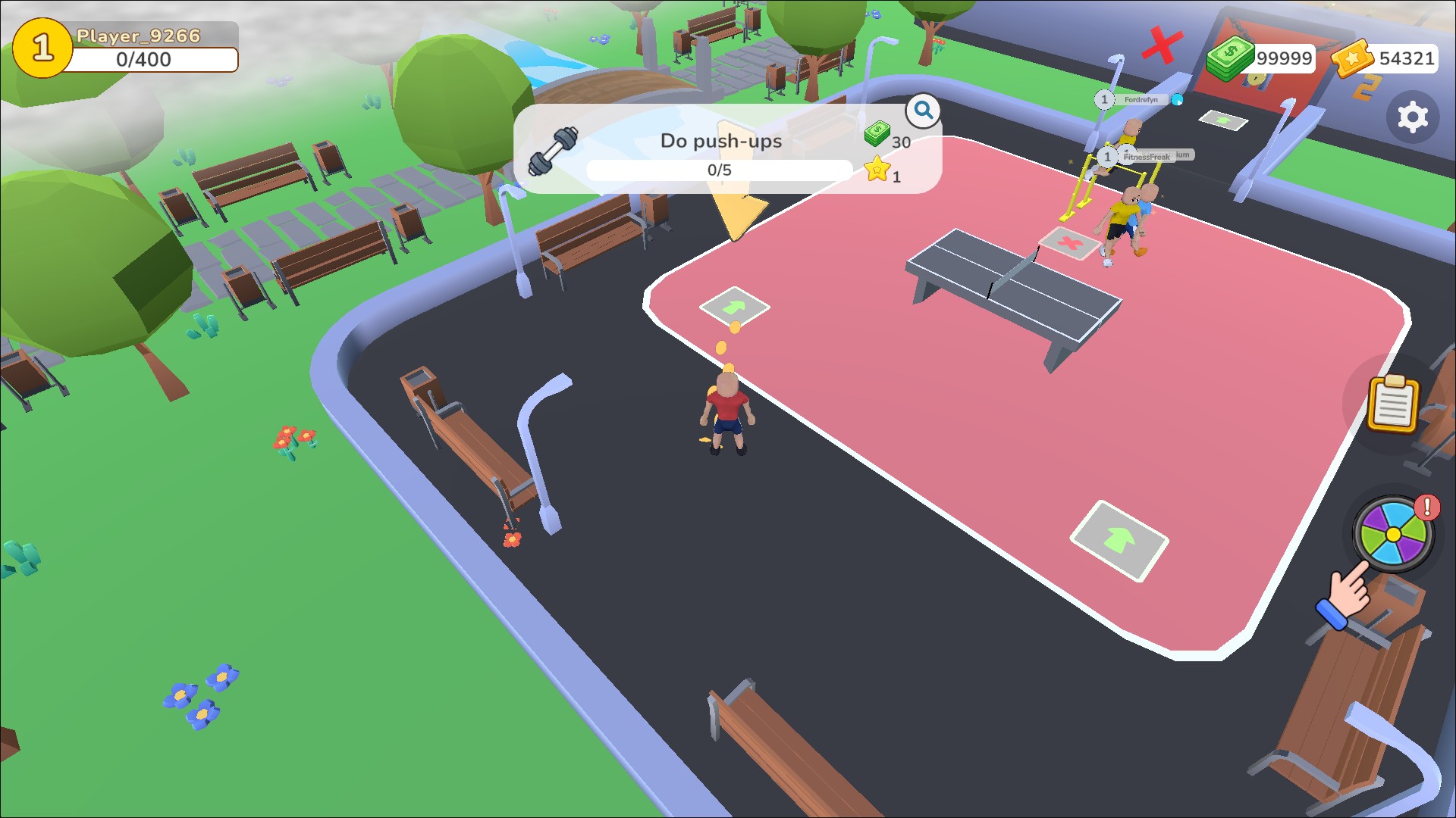 Gym Boss gameplay with 54321 tickets clearly shown beside the ticket icon in the upper-right HUD.