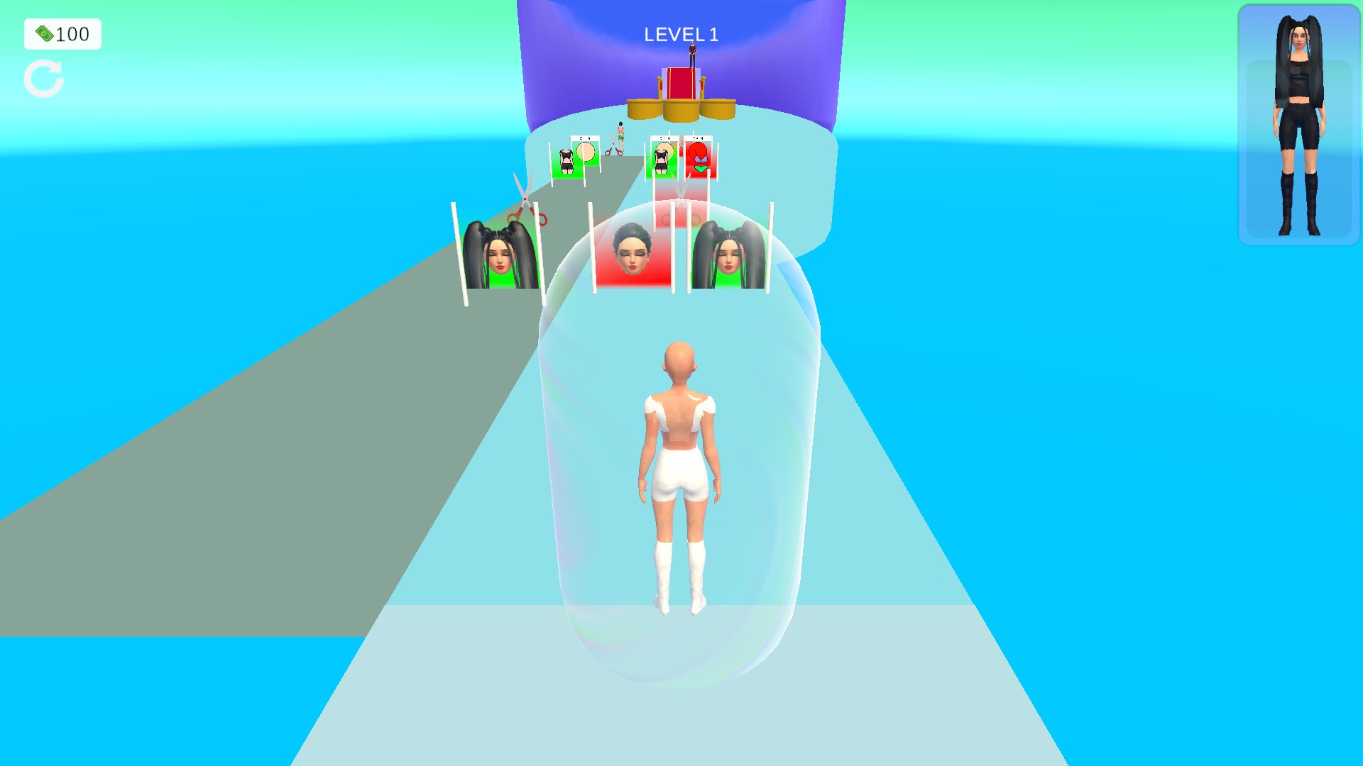 Runner enclosed by a translucent shield bubble with outfit gates ahead.