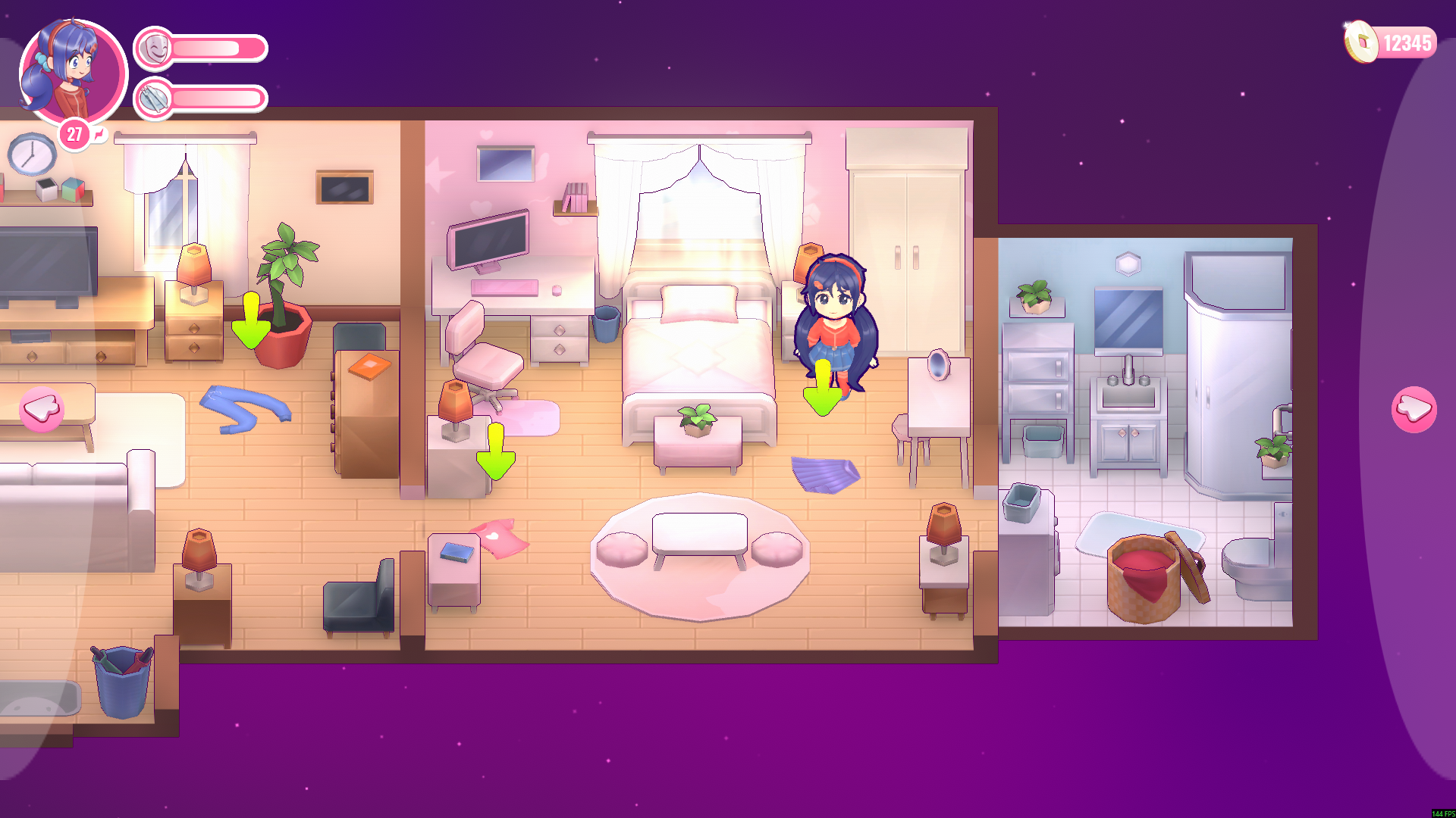 The demo's furnished phone-game house with 12345 coins at the top right and 27 energy at the top left.