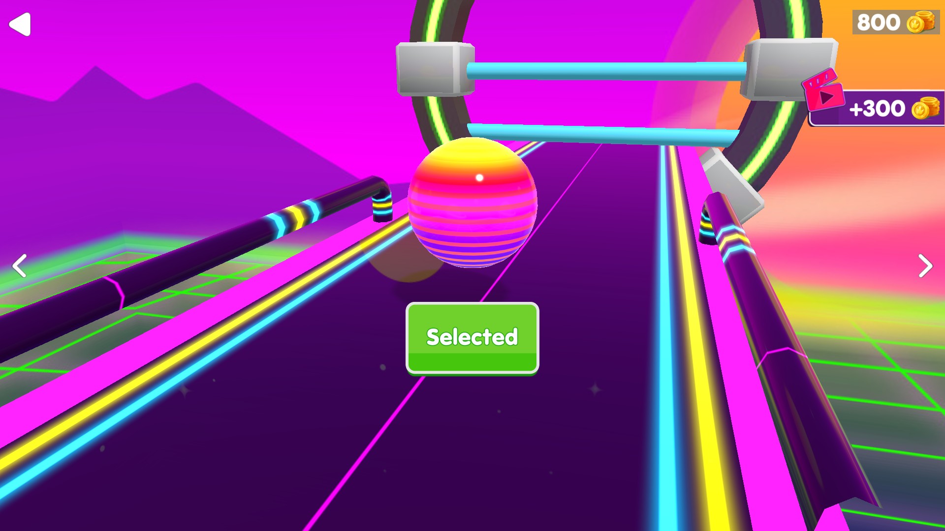 Striped ball selected in Neon Rolling Ball with800coins remaining after a200coin purchase.