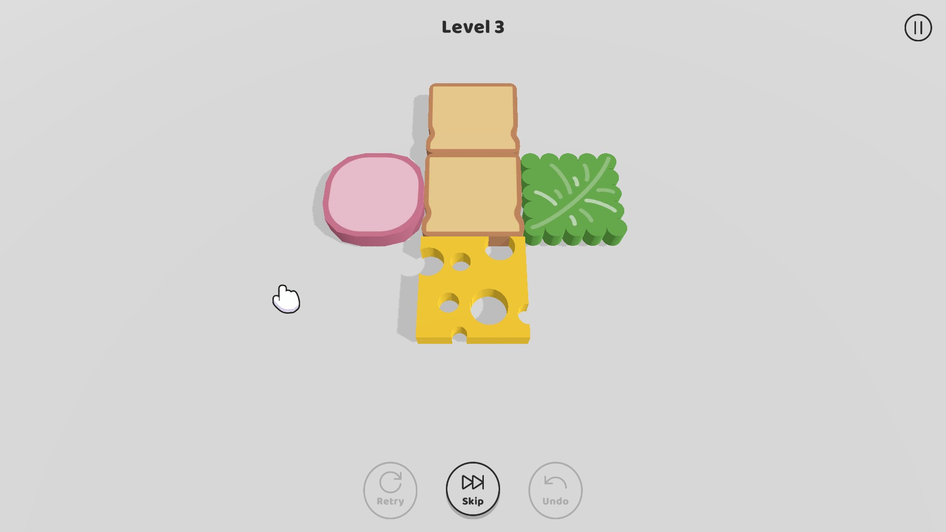 Sandwich's Level 3 puzzle with onion, lettuce, cheese and two slices of bread arranged for folding.