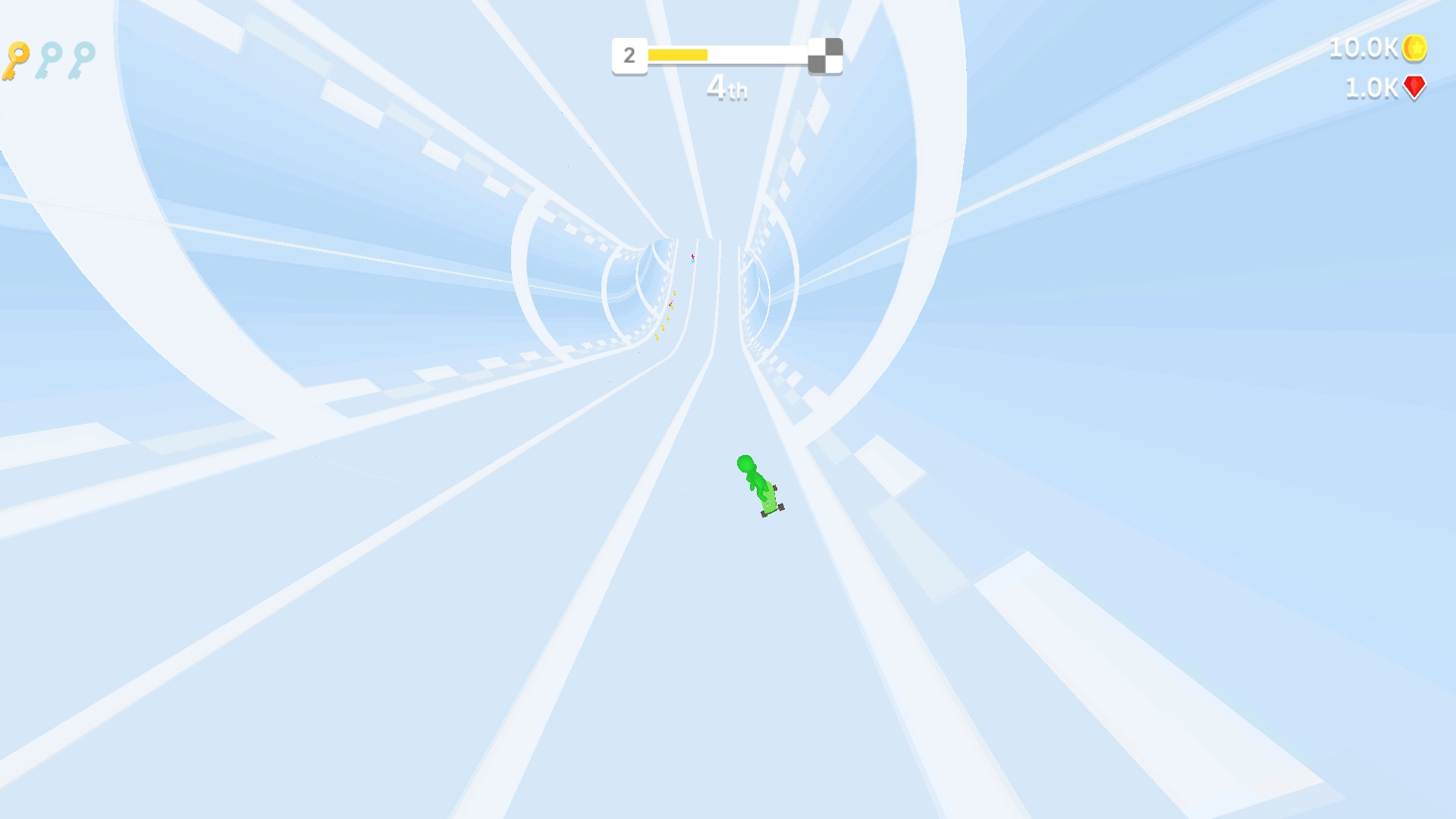 Green rider on the track with 10.0K coins and 1.0K red gems shown in the upper-right HUD.